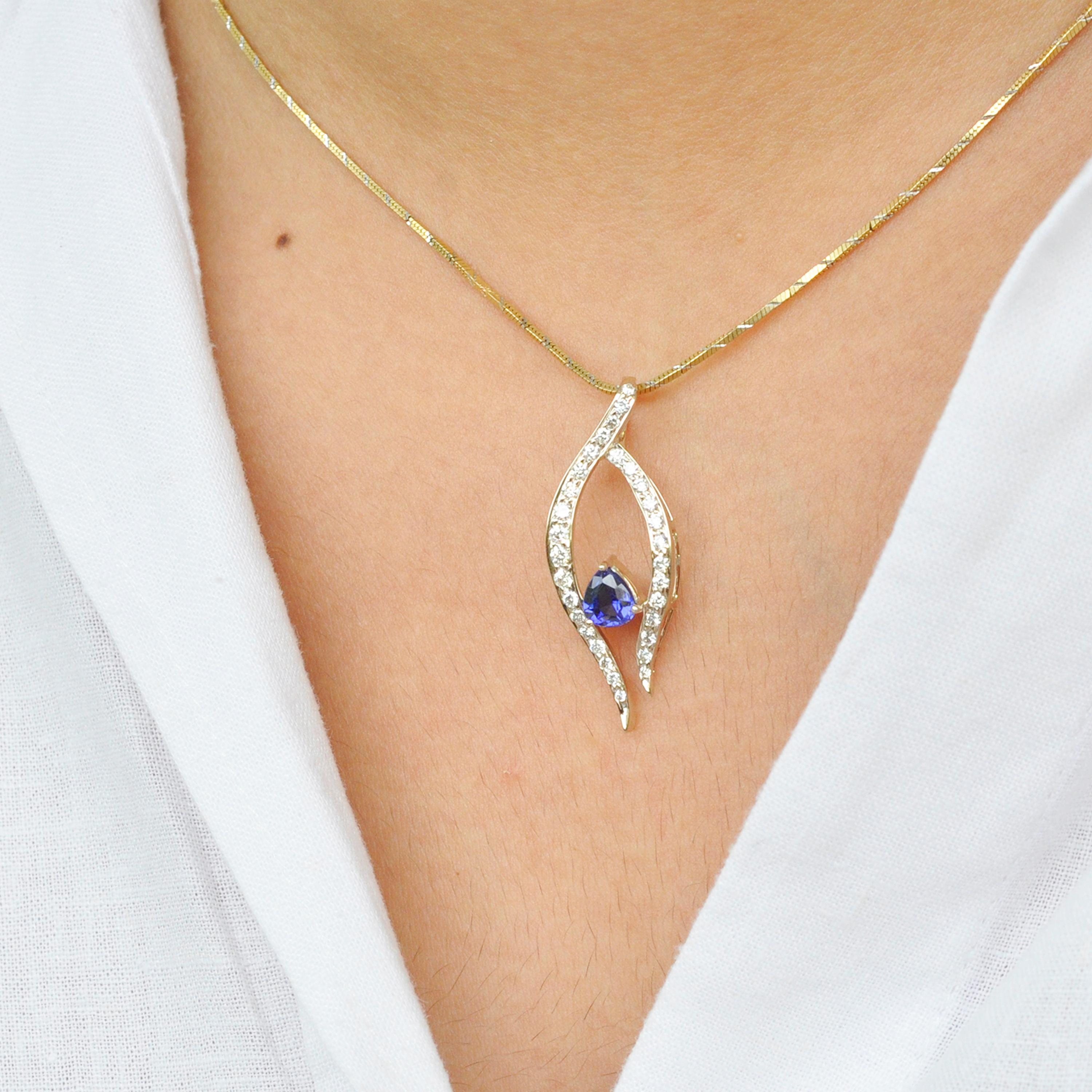 Women's 18 Karat White Gold Diamond Blue Sapphire Ballet Diamond Pendant Necklace