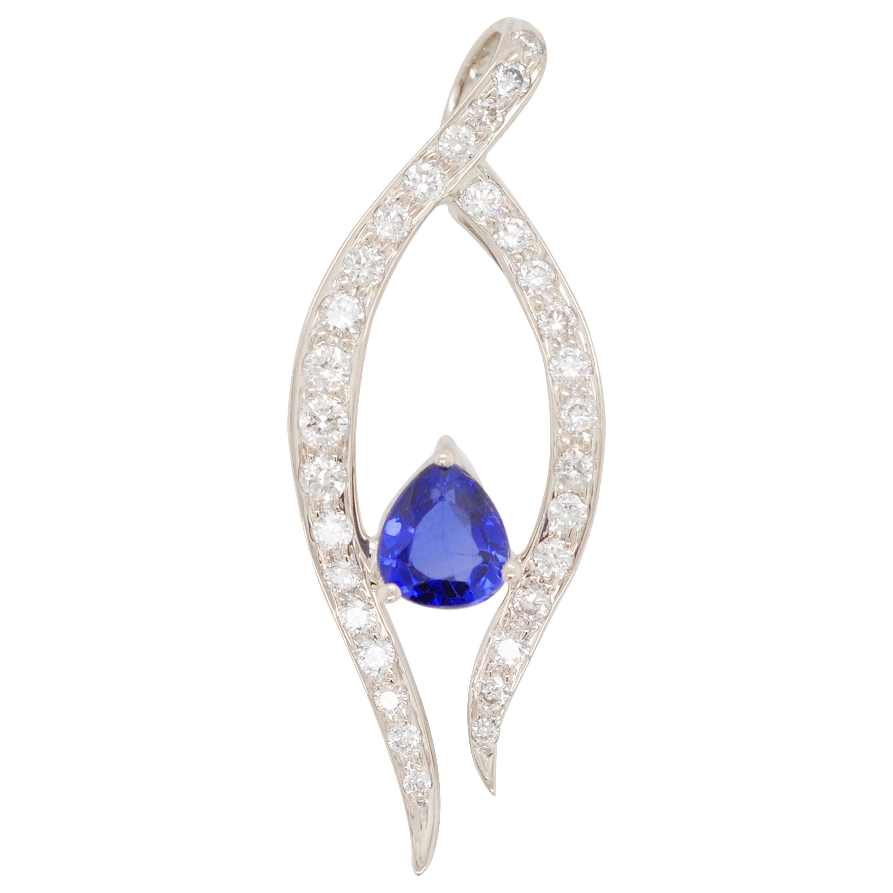 18 Karat White Gold Diamond Blue Sapphire Ballet Diamond Pendant Necklace