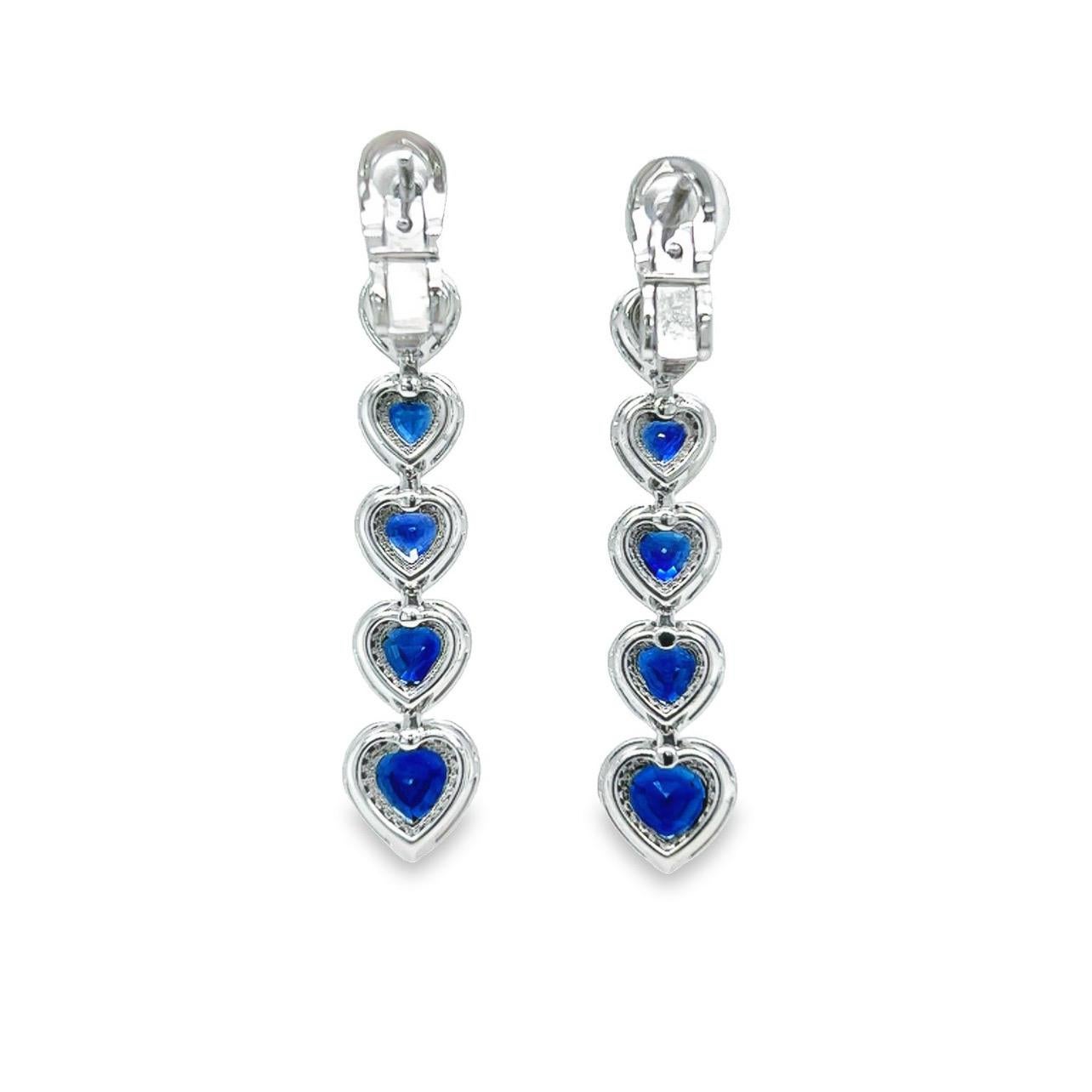 Contemporary 18 Karat White Gold Diamond Blue Sapphire Drop Earrings For Sale