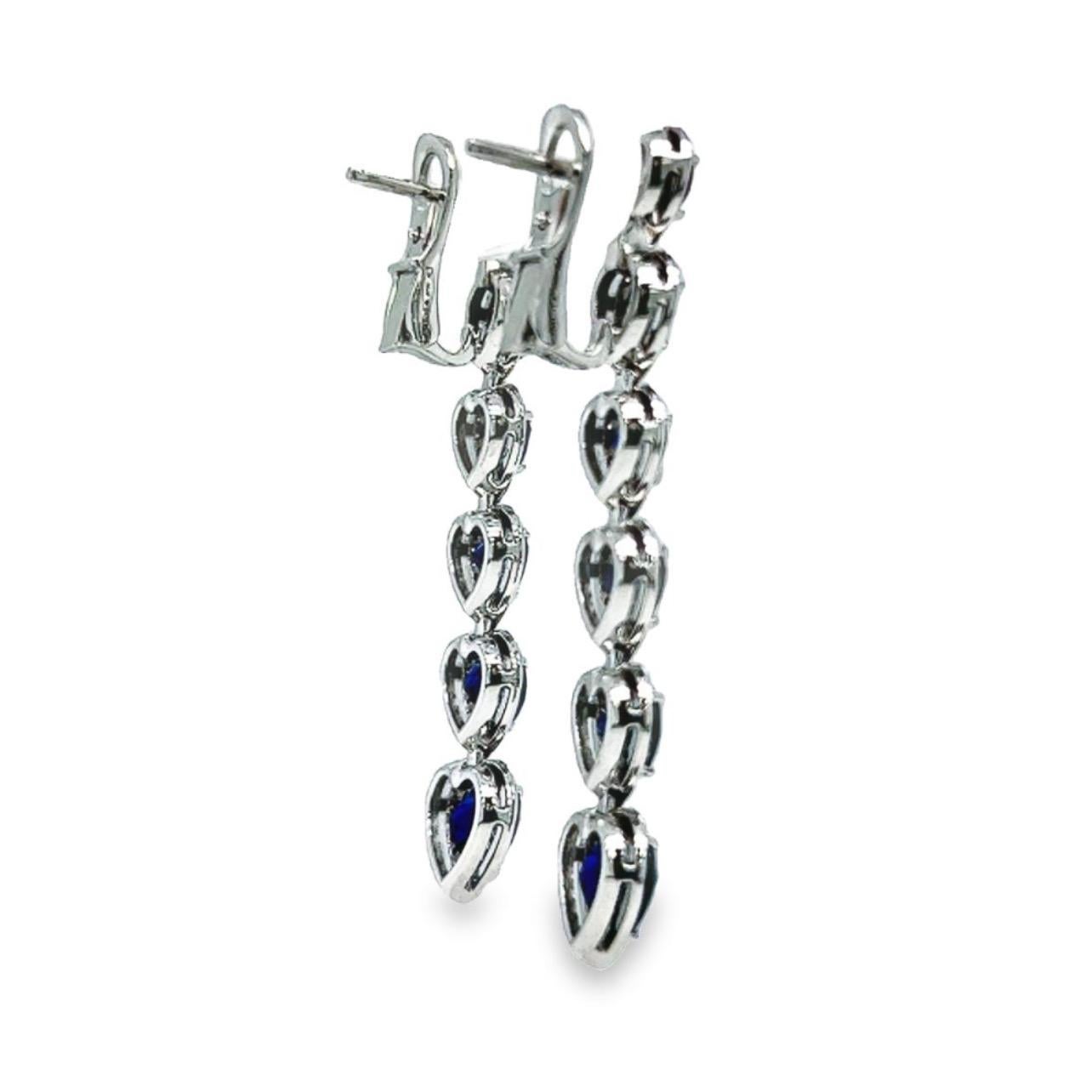 Heart Cut 18 Karat White Gold Diamond Blue Sapphire Drop Earrings For Sale
