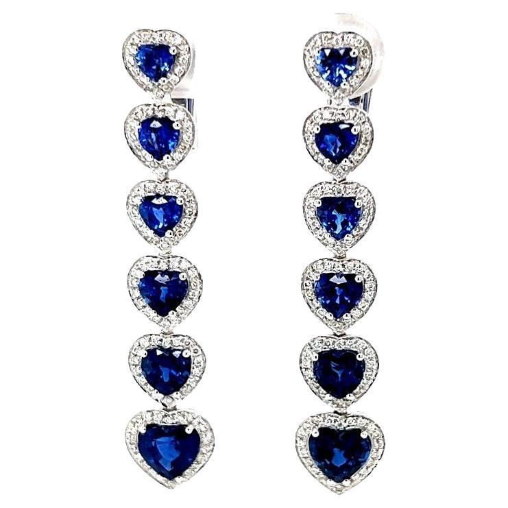 18 Karat White Gold Diamond Blue Sapphire Drop Earrings For Sale