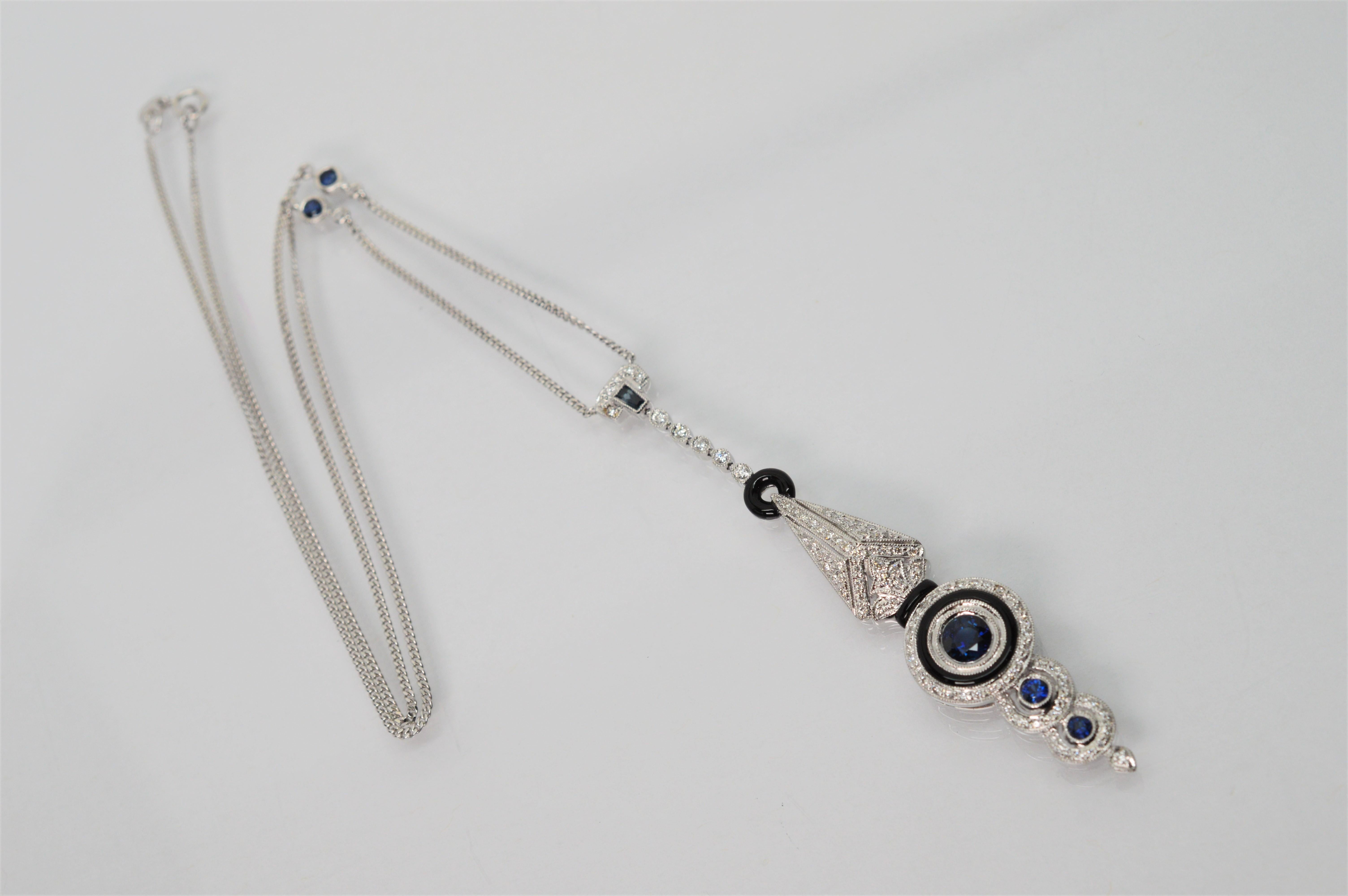 Art Deco 18 Karat White Gold Diamond Blue Sapphire Onyx Drop Pendant Necklace