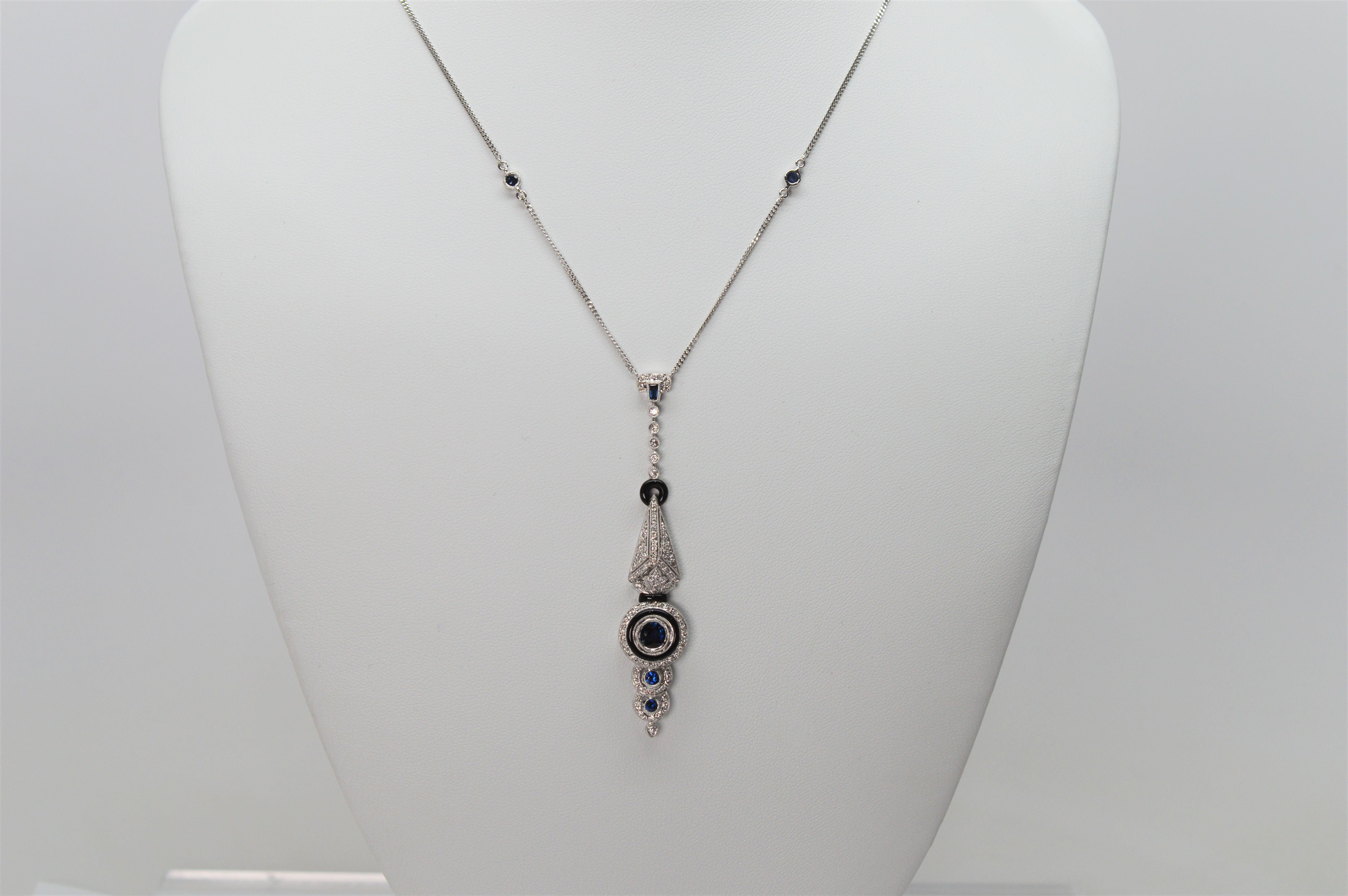 18 Karat White Gold Diamond Blue Sapphire Onyx Drop Pendant Necklace In New Condition In Mount Kisco, NY