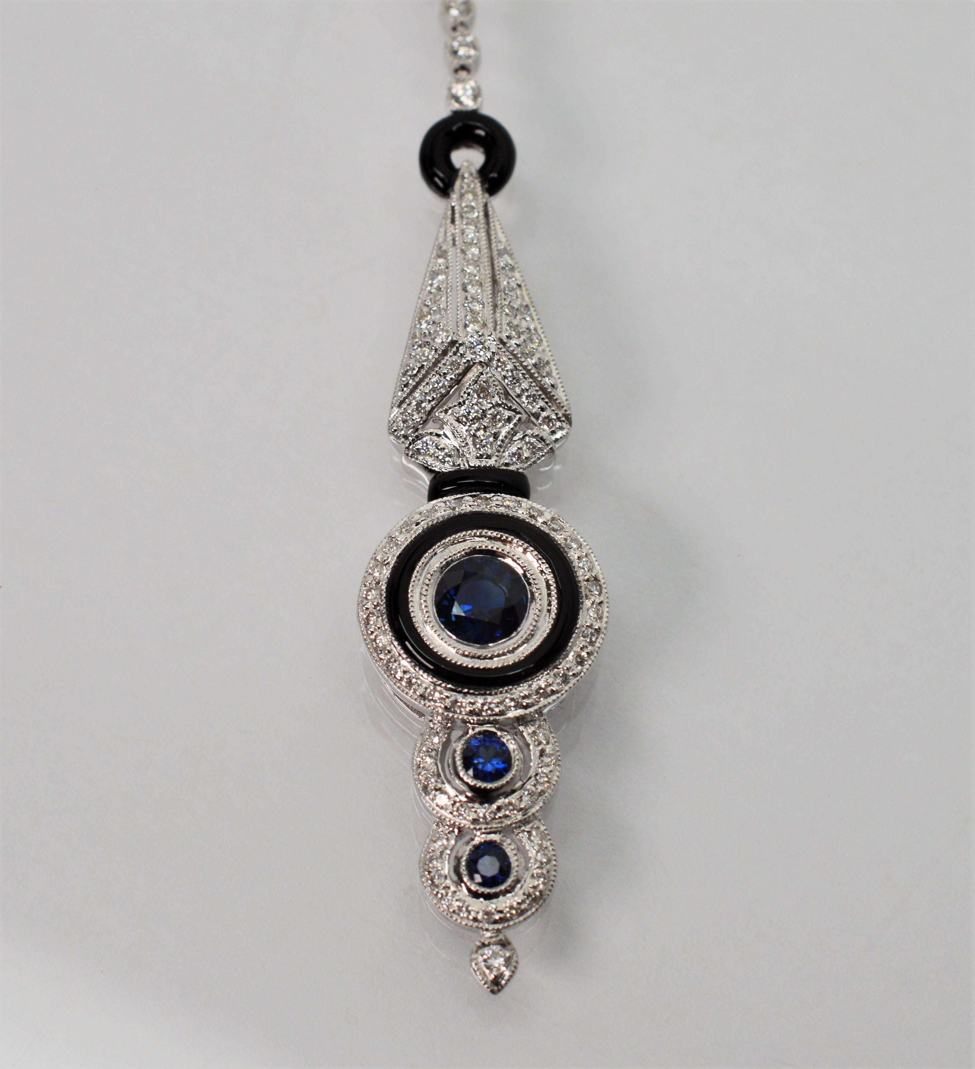 18 Karat White Gold Diamond Blue Sapphire Onyx Drop Pendant Necklace 1