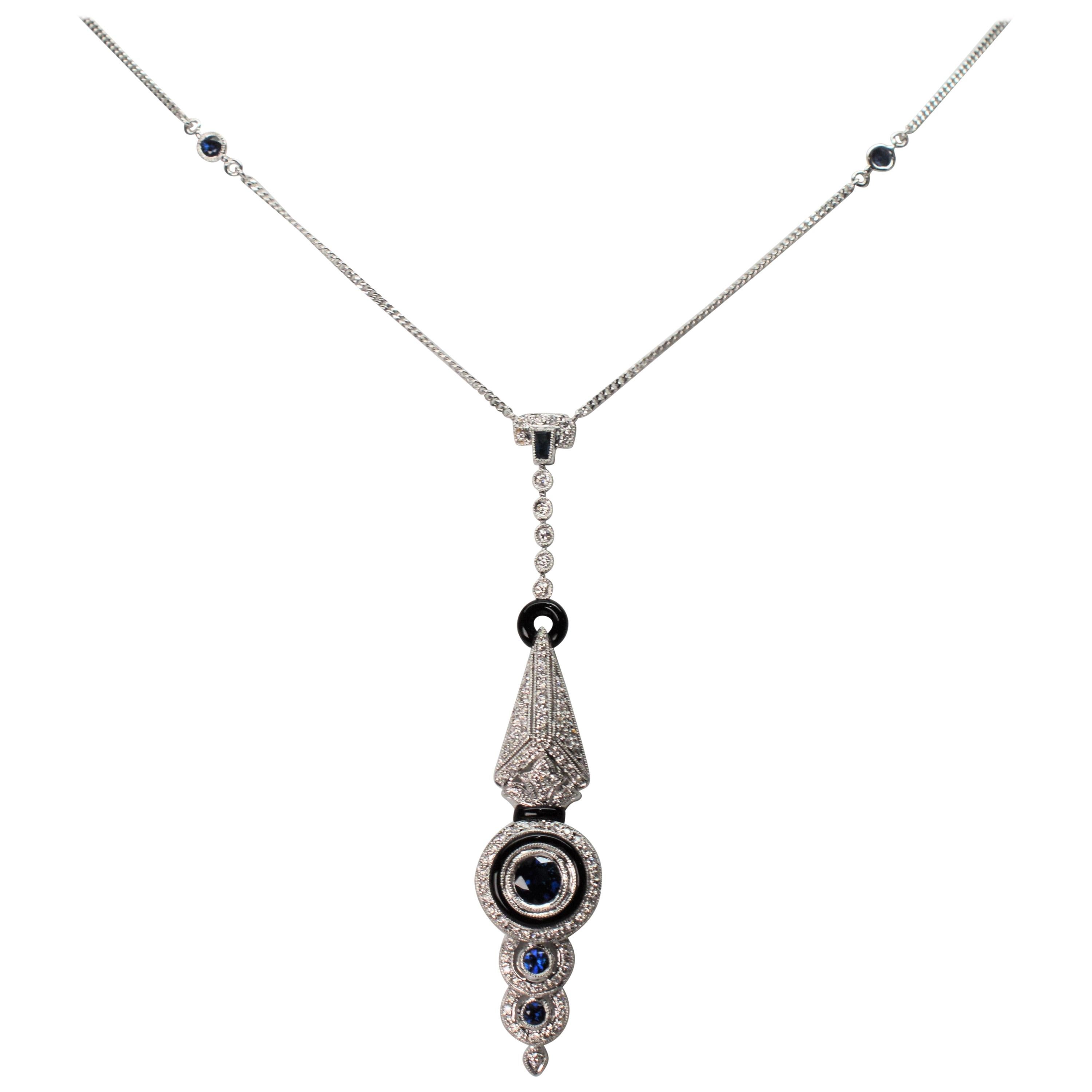 18 Karat White Gold Diamond Blue Sapphire Onyx Drop Pendant Necklace