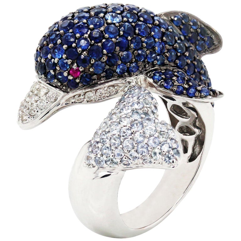 18 Karat White Gold Diamond Blue White Sapphire Dolphin Bypass Ring For ...