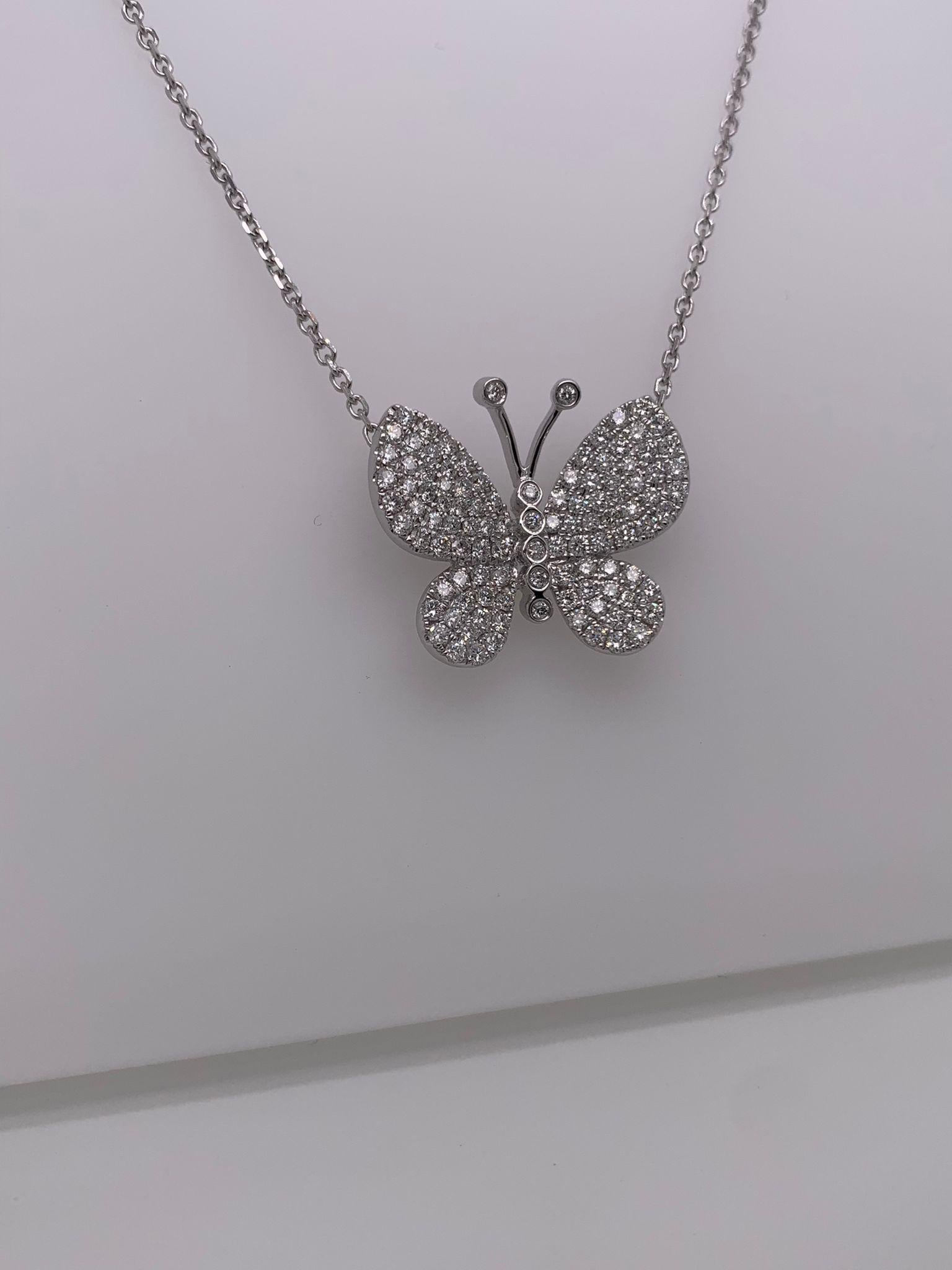 Modern 18 Karat White Gold Diamond Butterfly Necklace For Sale