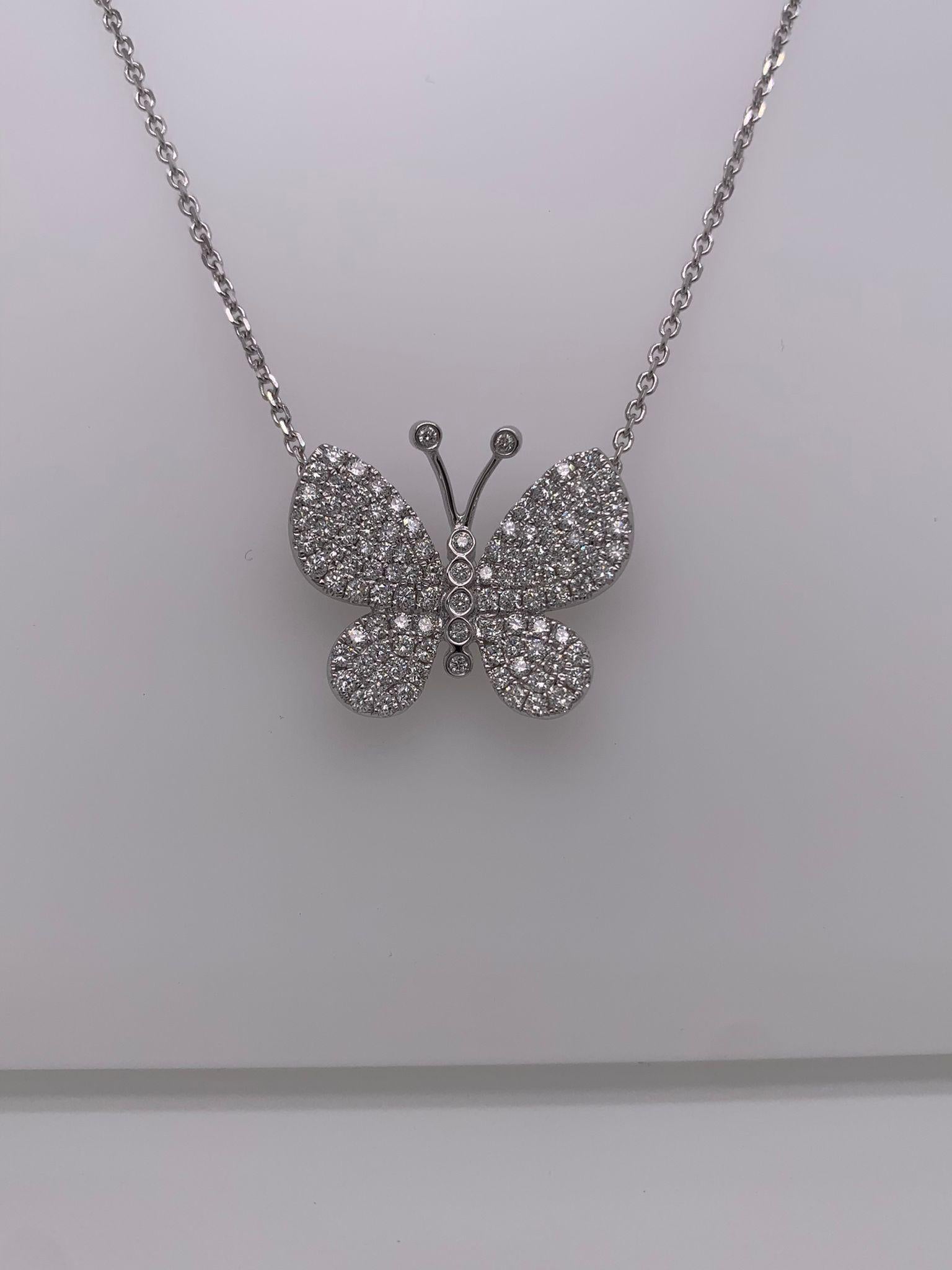 Round Cut 18 Karat White Gold Diamond Butterfly Necklace For Sale