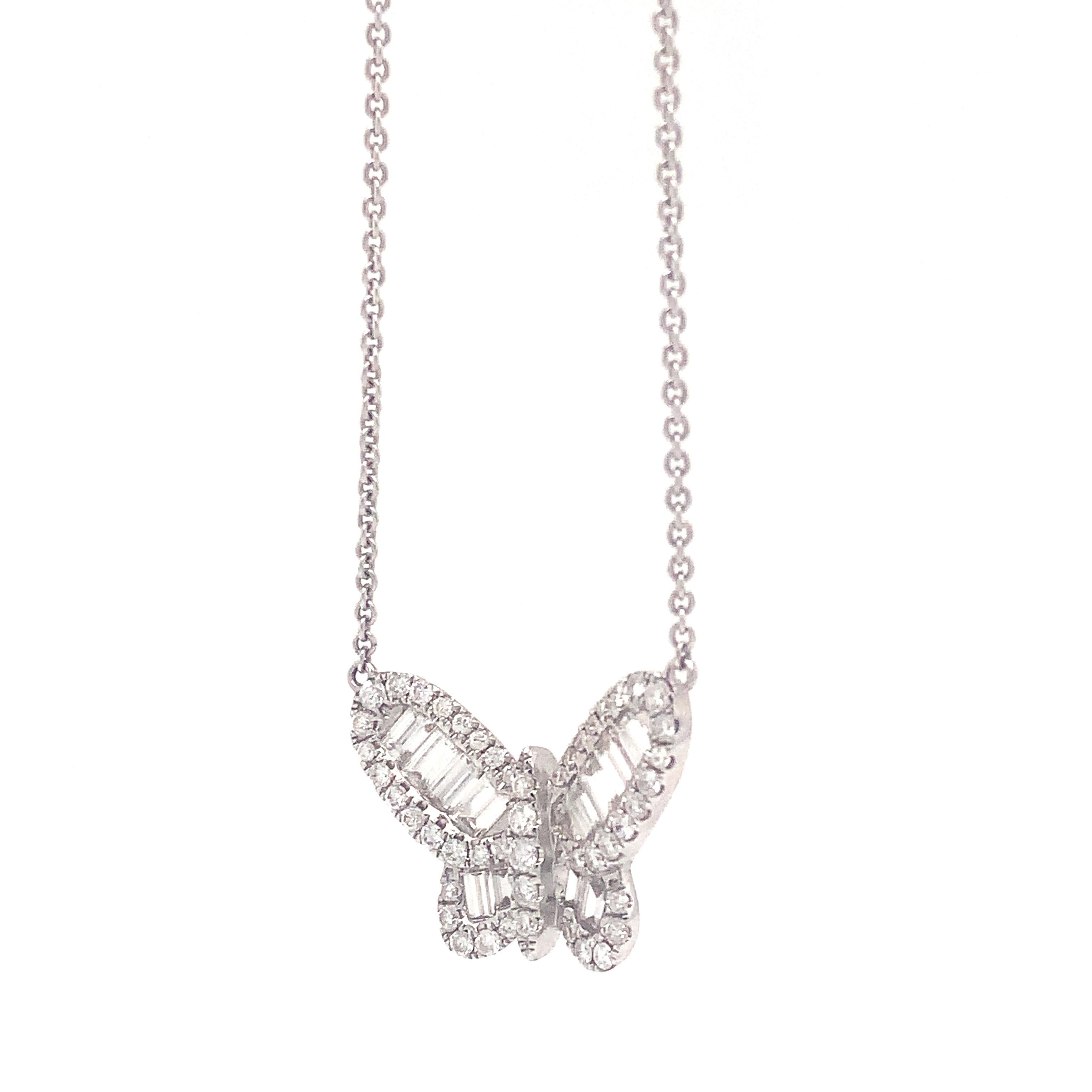 Modernist 18 Karat White Gold Diamond Butterfly Necklace with Baguettes For Sale