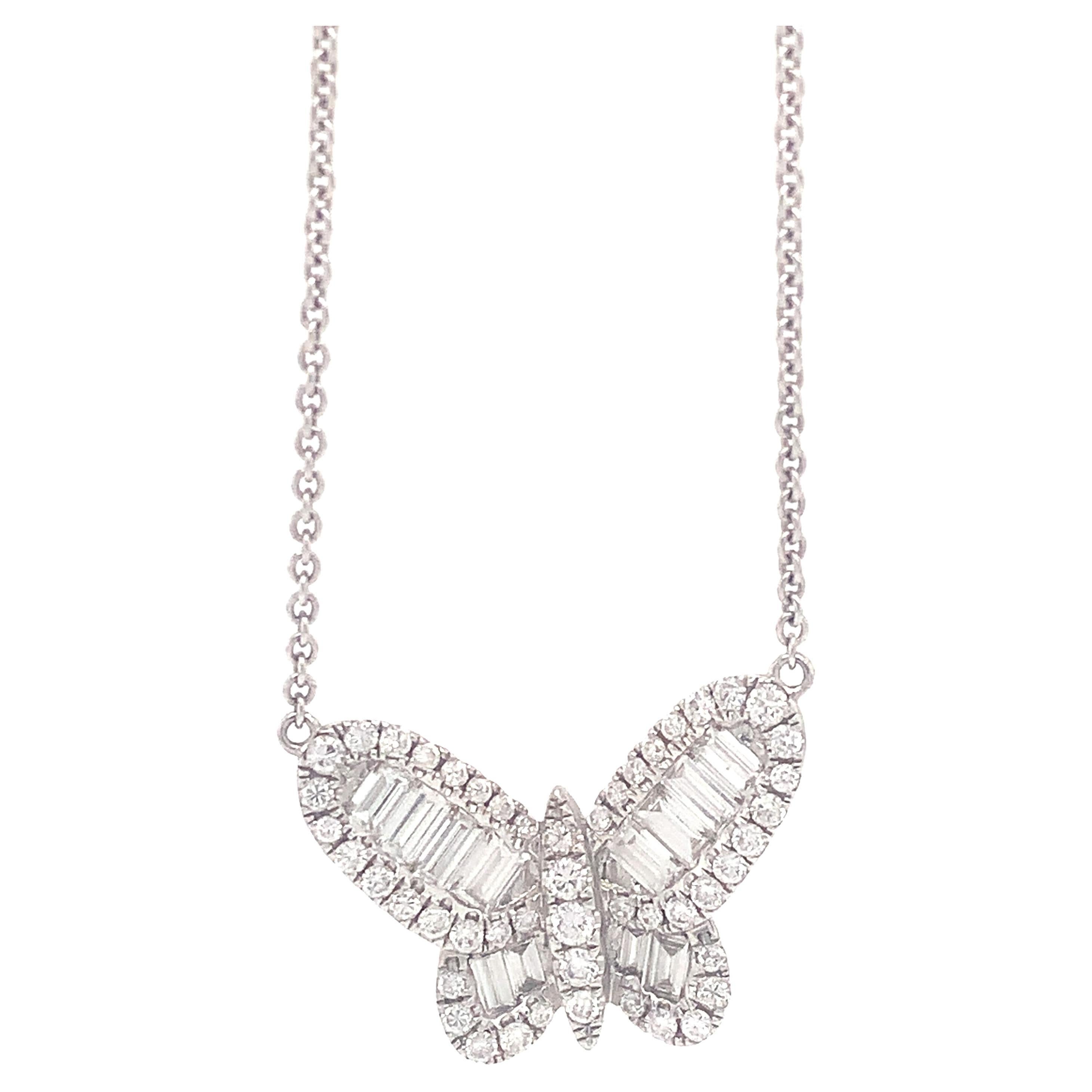 18 Karat White Gold Diamond Butterfly Necklace with Baguettes For Sale