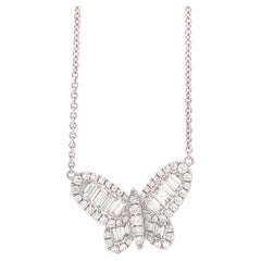 18 Karat White Gold Diamond Butterfly Necklace with Baguettes