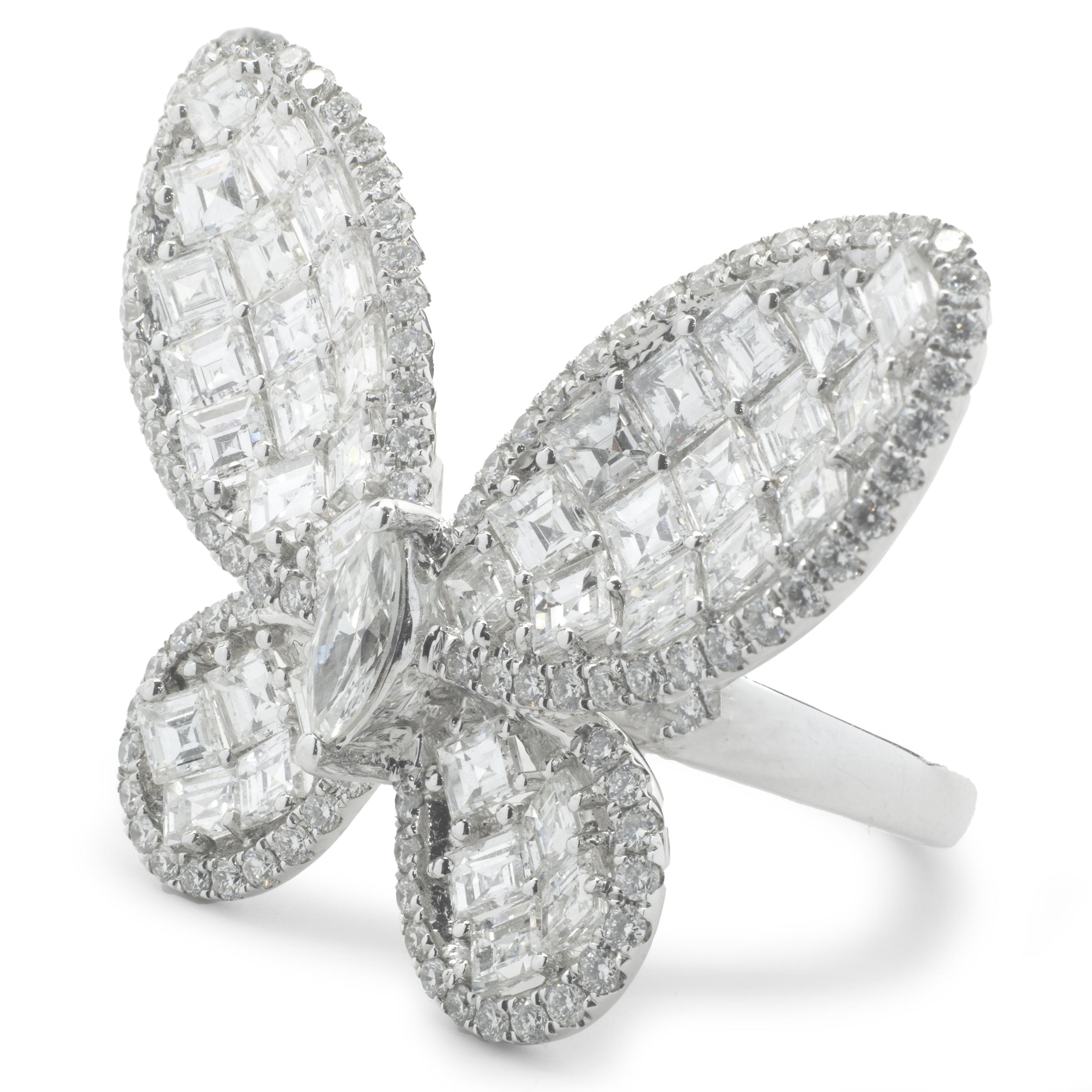 Asscher Cut 18 Karat White Gold Diamond Butterfly Ring