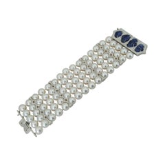 18 Karat White Gold Diamond, Carved Sapphire, Pearl Bracelet