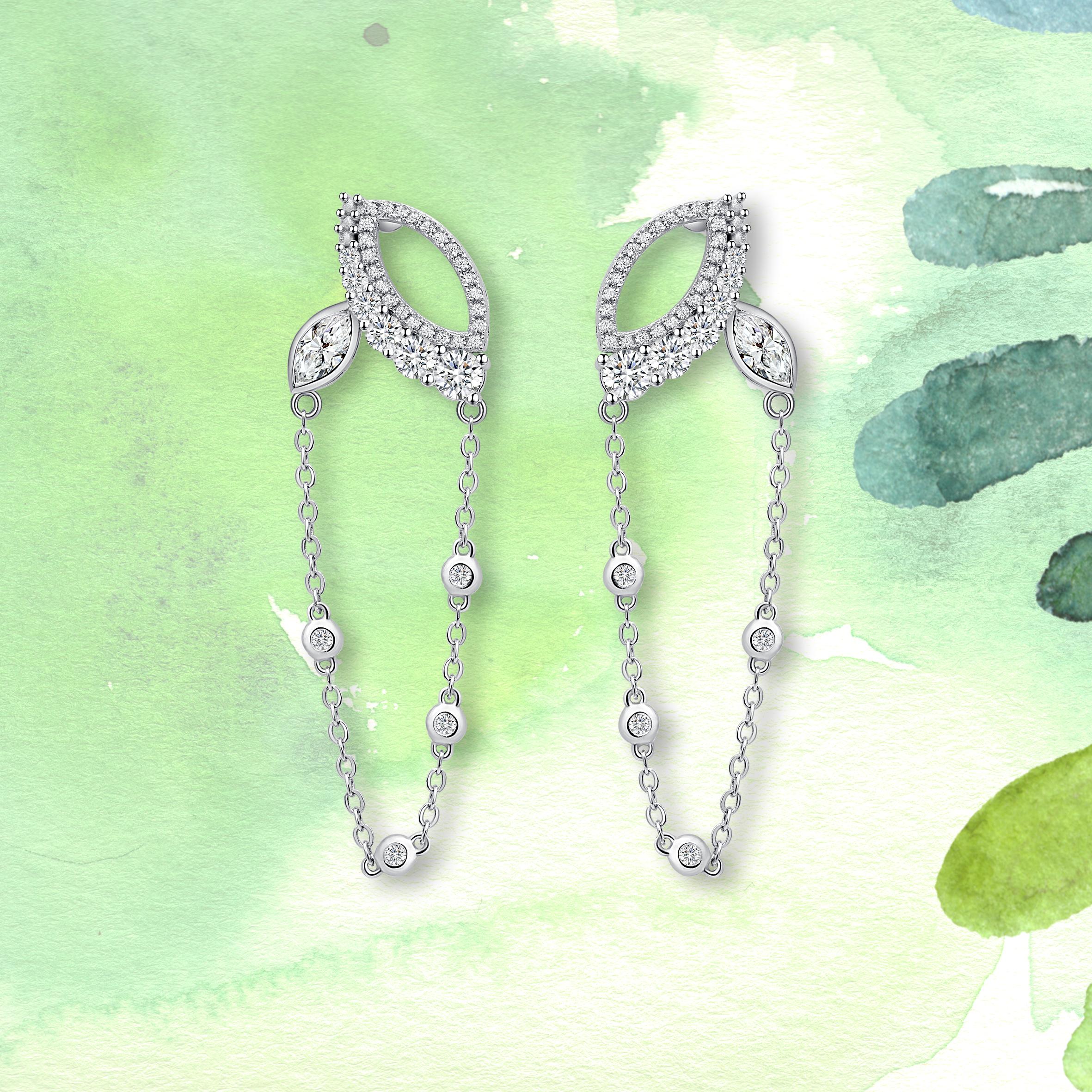 18 Karat White Gold Diamond Chain Leaf Earrings For Sale 2