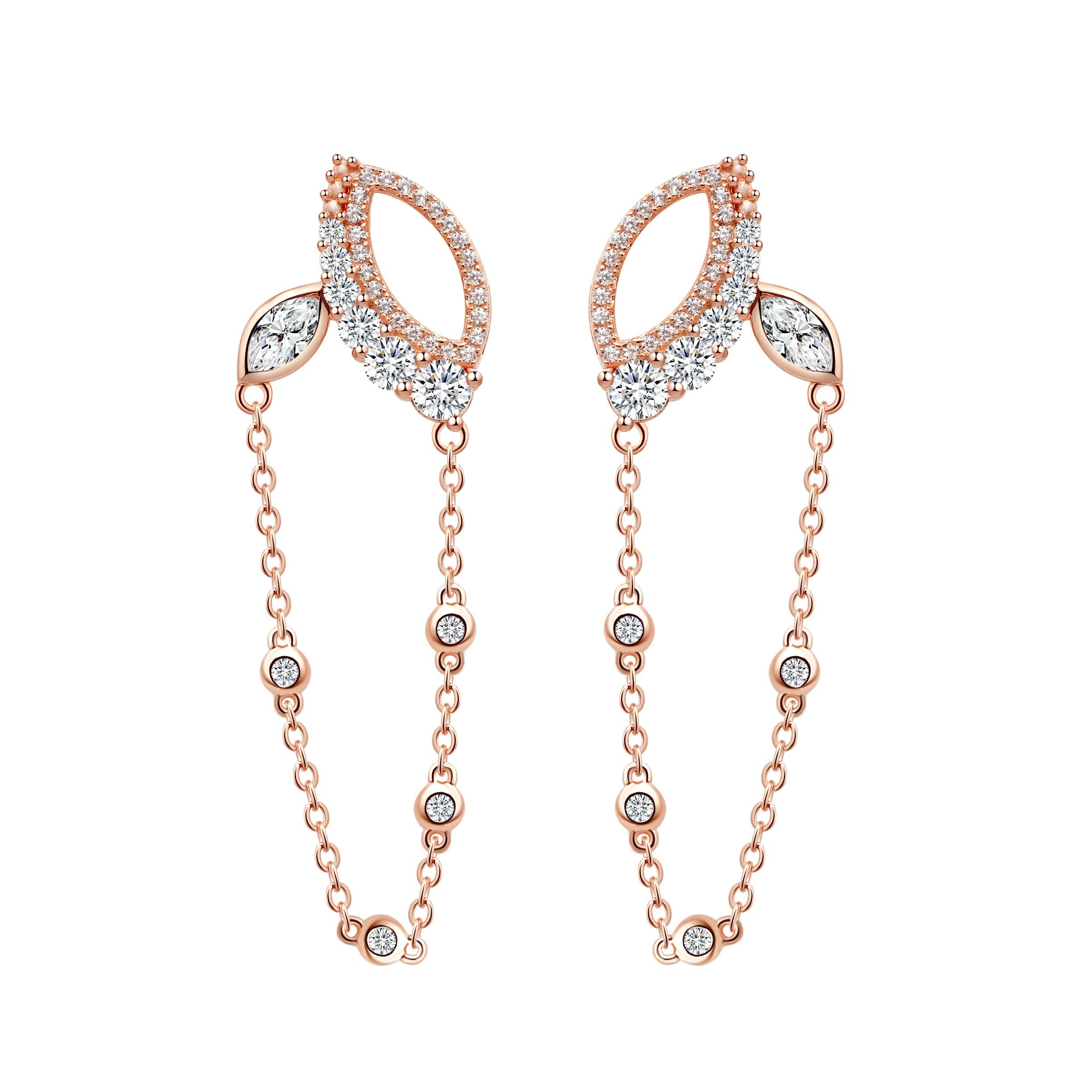 18 Karat White Gold Diamond Chain Leaf Earrings For Sale 3