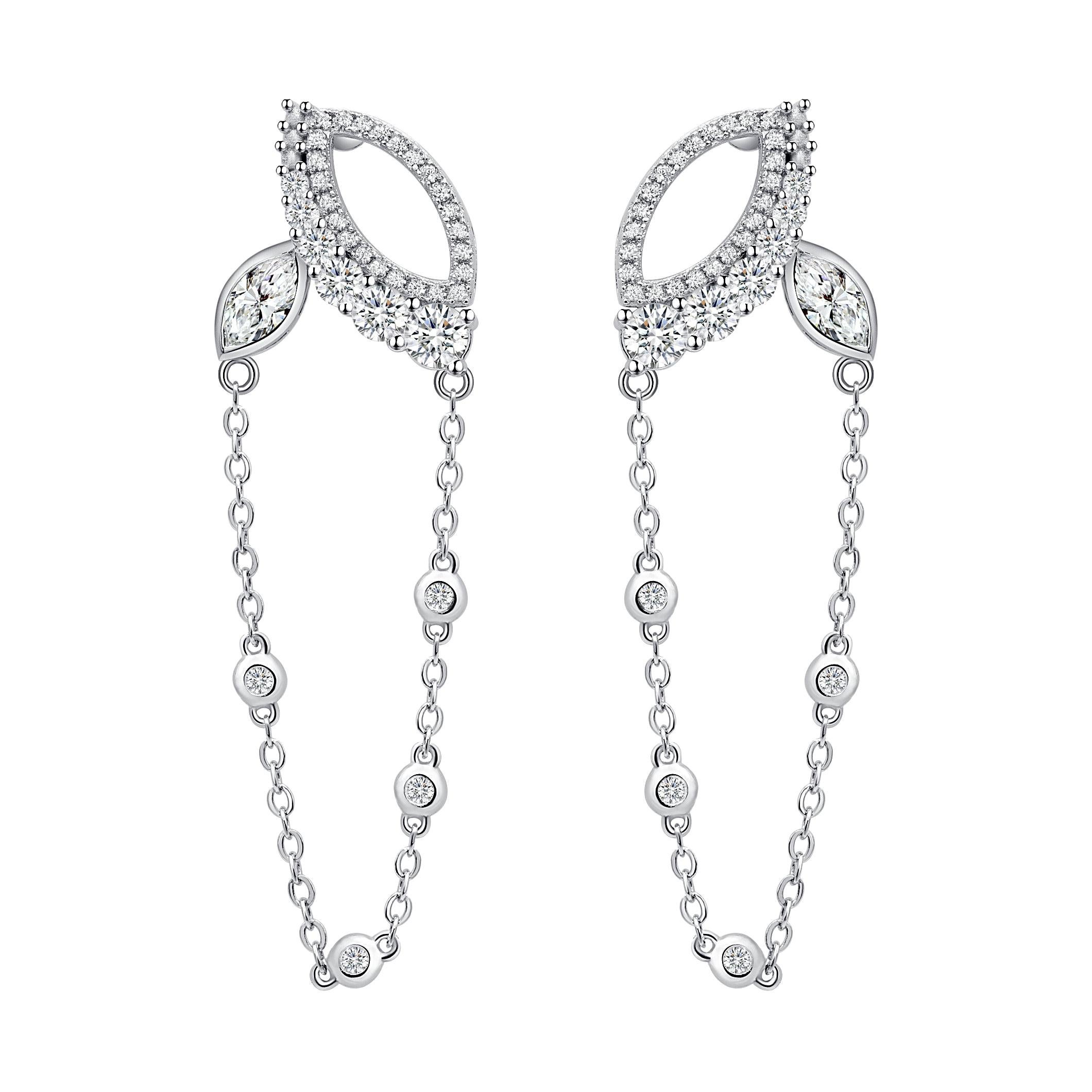 18 Karat White Gold Diamond Chain Leaf Earrings For Sale