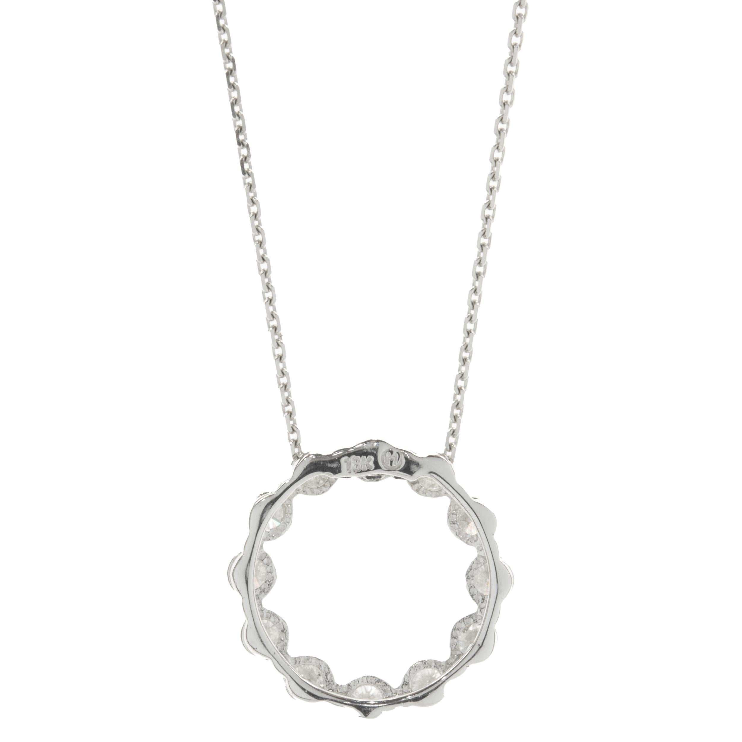 Designer: custom design
Material: 18K white gold
Diamonds: 12 round brilliant cut = 0.96cttw
Color: F
Clarity: SI2
Dimensions: necklace measures 18-inches in length 
Weight: 4.56 grams