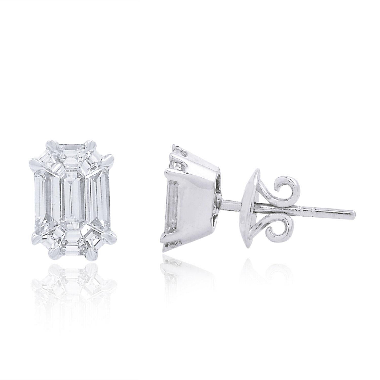 Emerald Cut 14 Karat White Gold Diamond Claw Stud Earrings For Sale