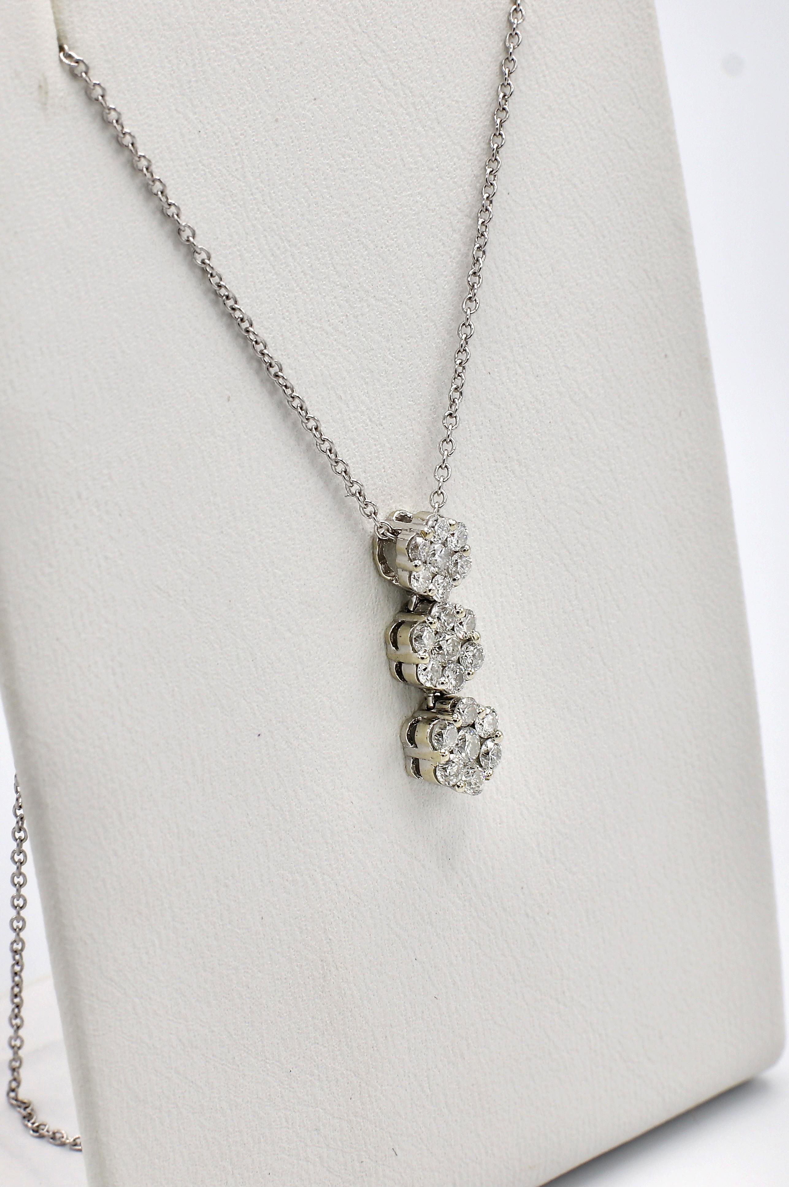 Modern 18 Karat White Gold Diamond Cluster Drop Pendant Necklace