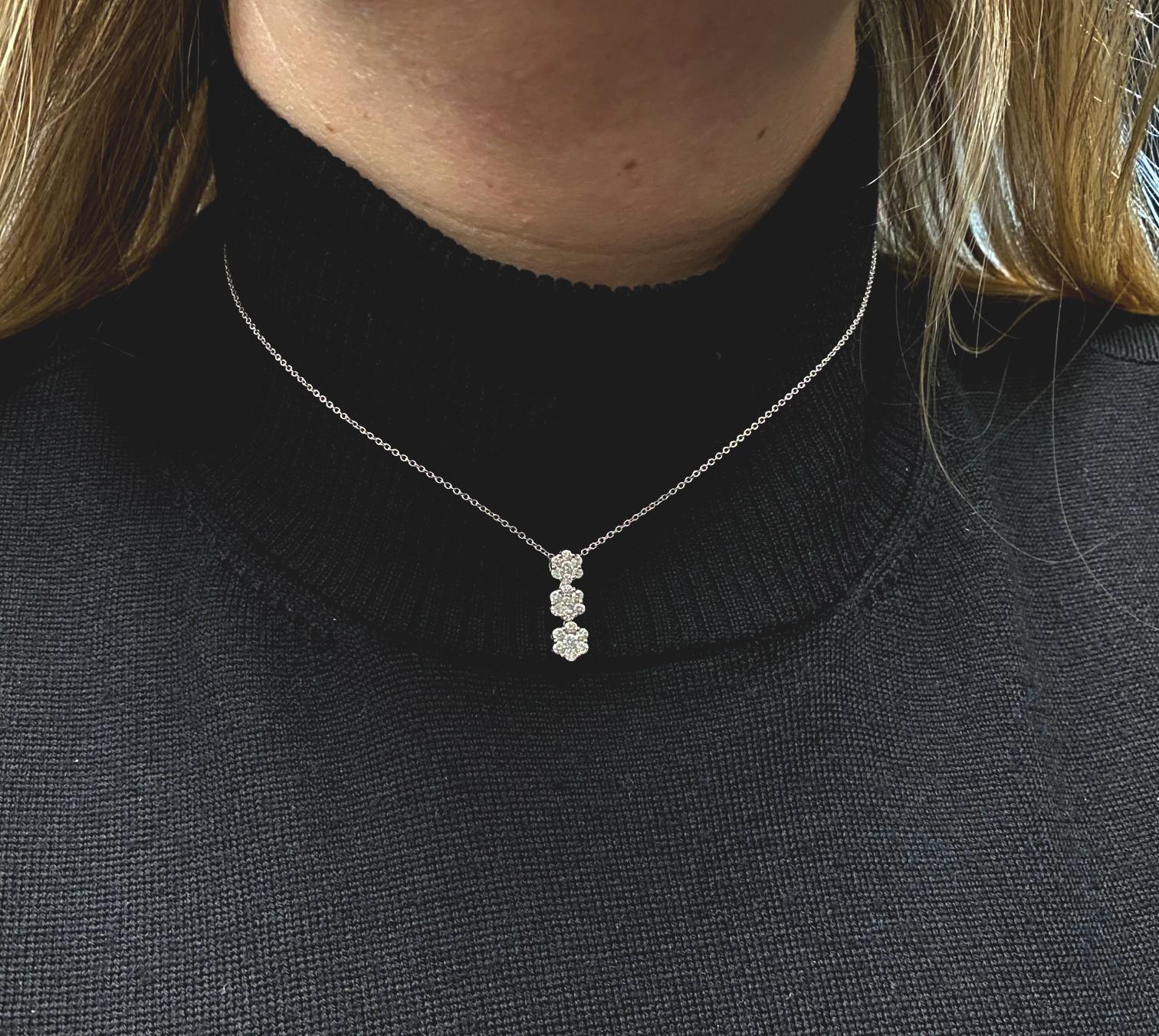 Women's or Men's 18 Karat White Gold Diamond Cluster Drop Pendant Necklace