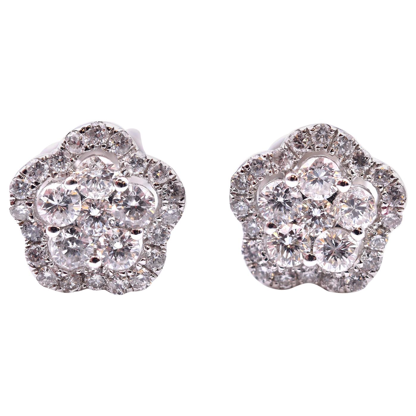 18 Karat White Gold Diamond Cluster Flower Stud Earrings
