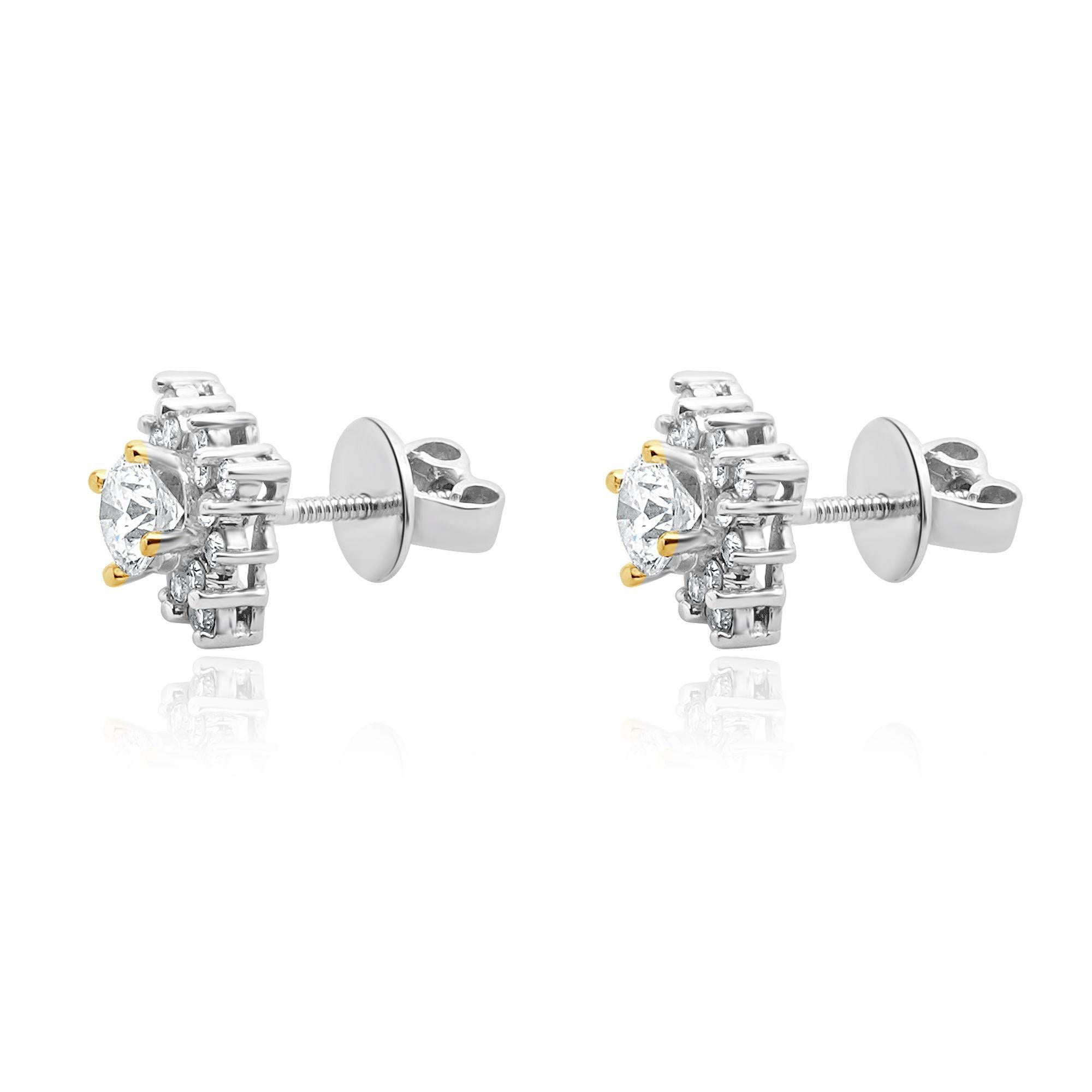 Round Cut 18 Karat White Gold Diamond Cluster Stud Earrings For Sale
