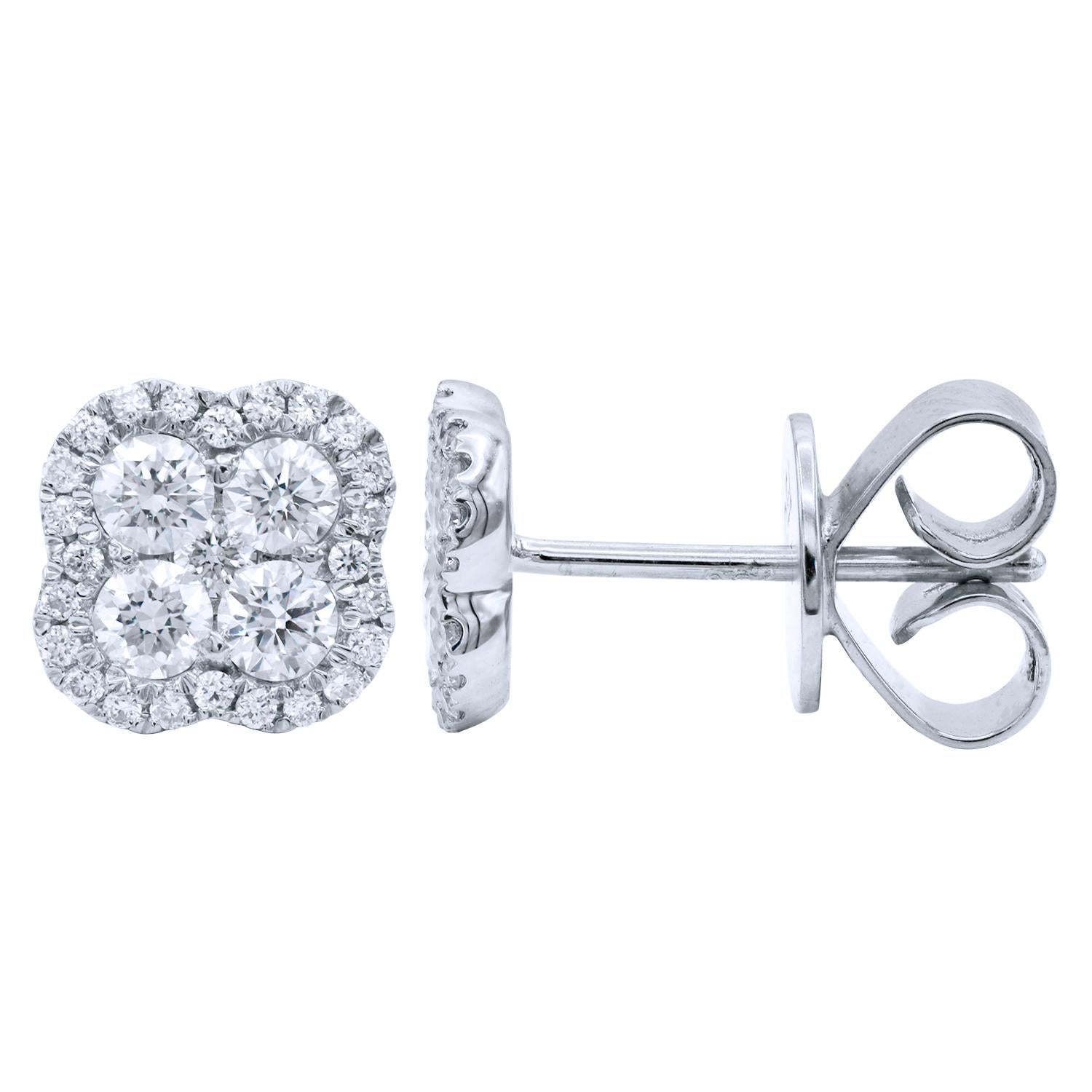 These beautiful earrings sparkle and shine with 58 round VS2, G color diamonds totaling 0.46 carats. They contain 4 larger diamonds surrounded by smaller diamonds to create a beautiful cluster. They are set in 1.8 grams of 18 karat white gold with a