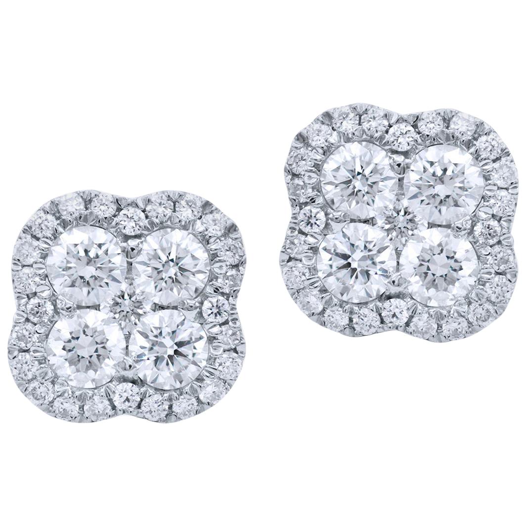 18 Karat White Gold Diamond Cluster Stud Earrings with Halo