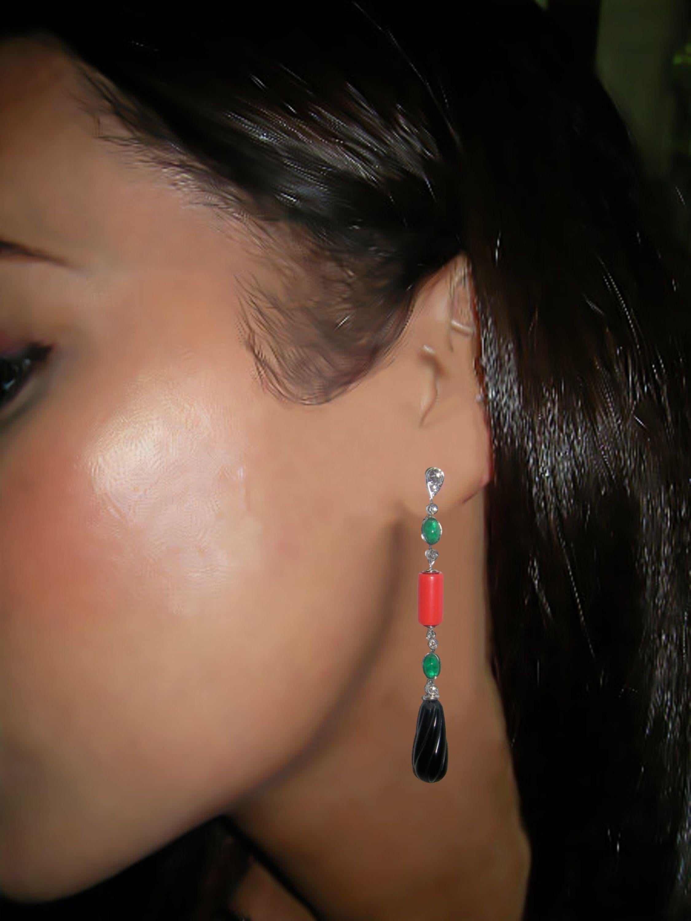 Women's or Men's 18 Karat White Gold Diamond Coral Emerald and Onyx Dangle Earrings