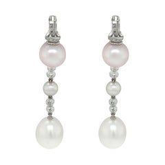 18 Karat White Gold Diamond Cultured Pearl Earring Signed by Chaumet