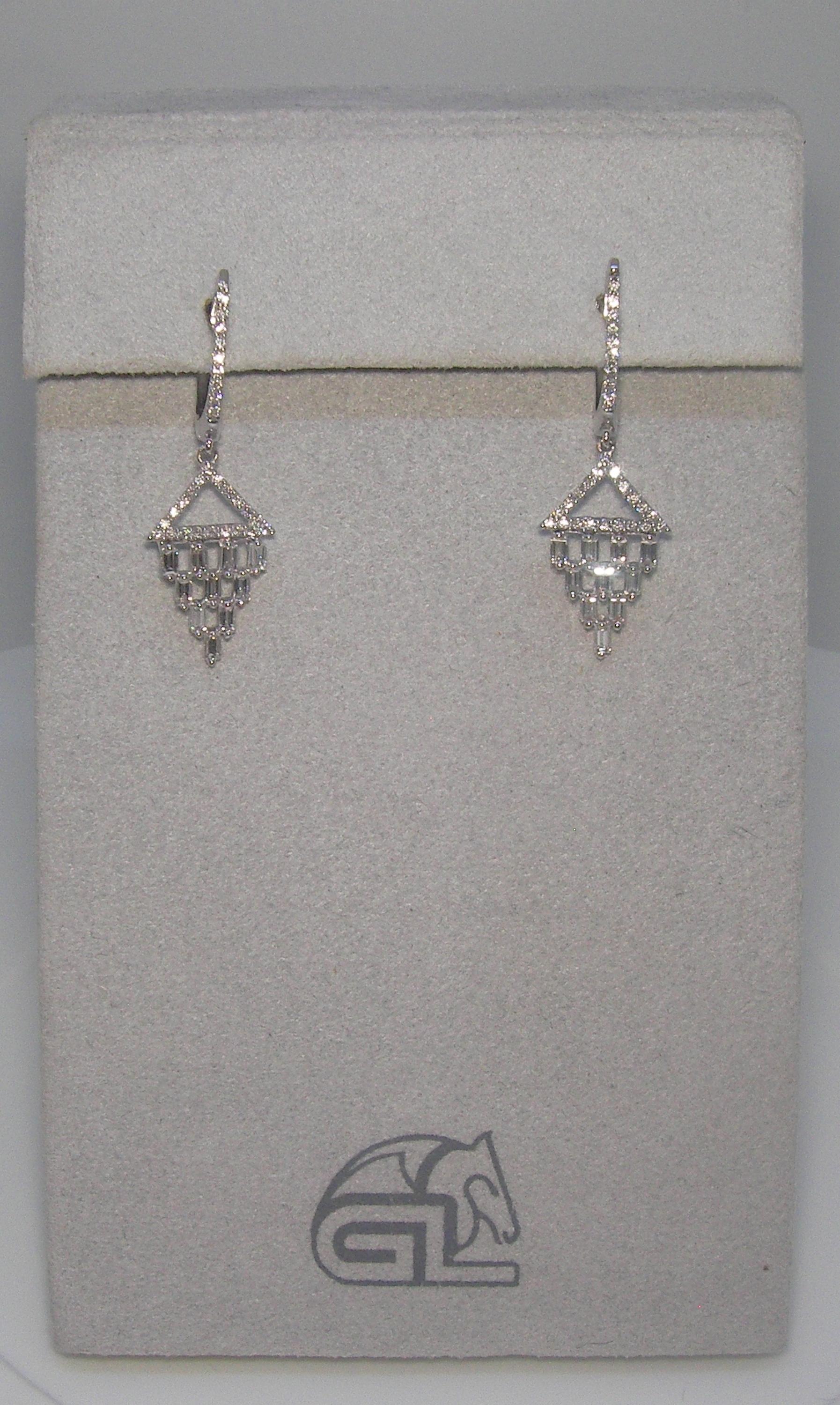Baguette Cut 18 Karat White Gold Diamond Dangle Earrings
