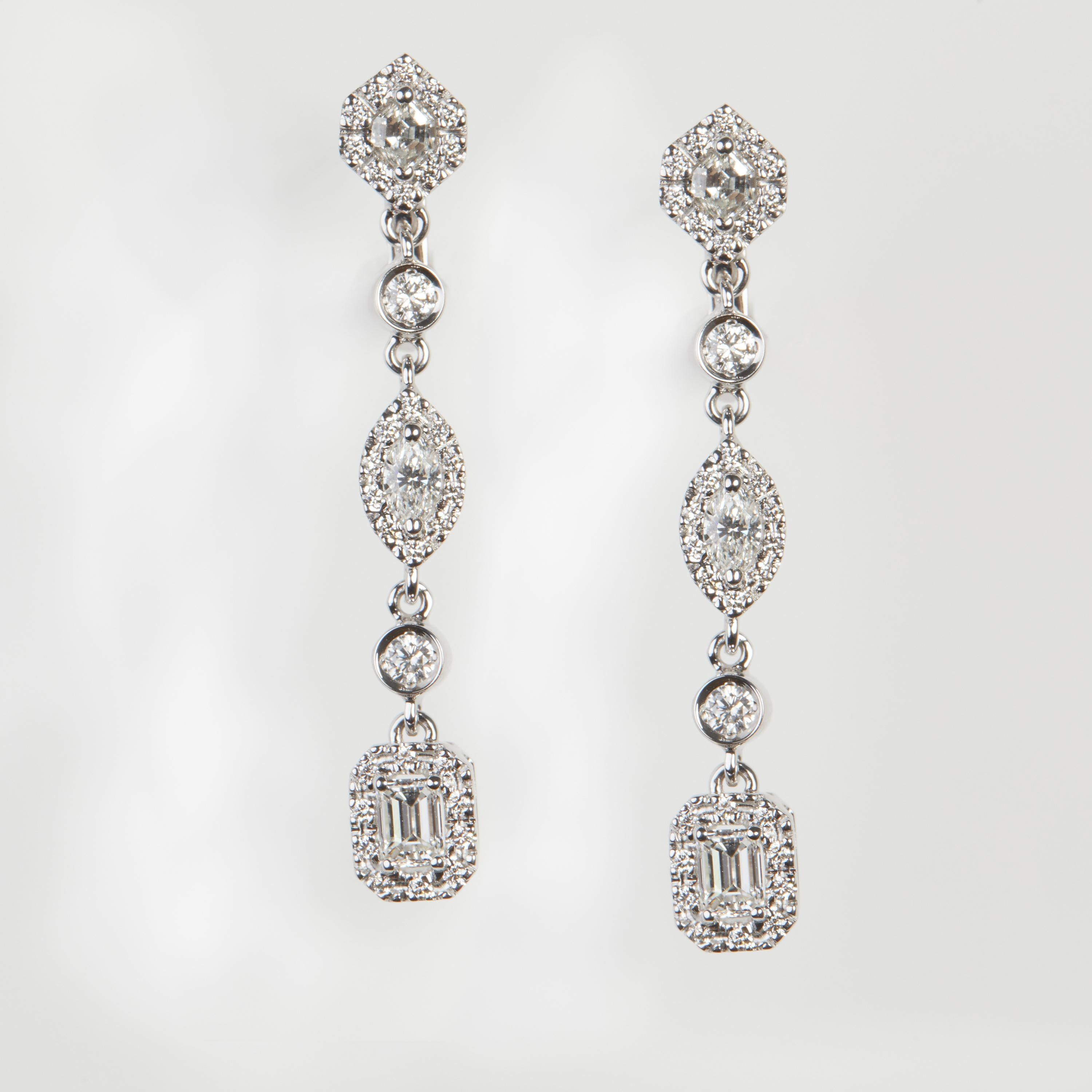 Mixed Cut 18 Karat White Gold Diamond Dangle Earrings For Sale