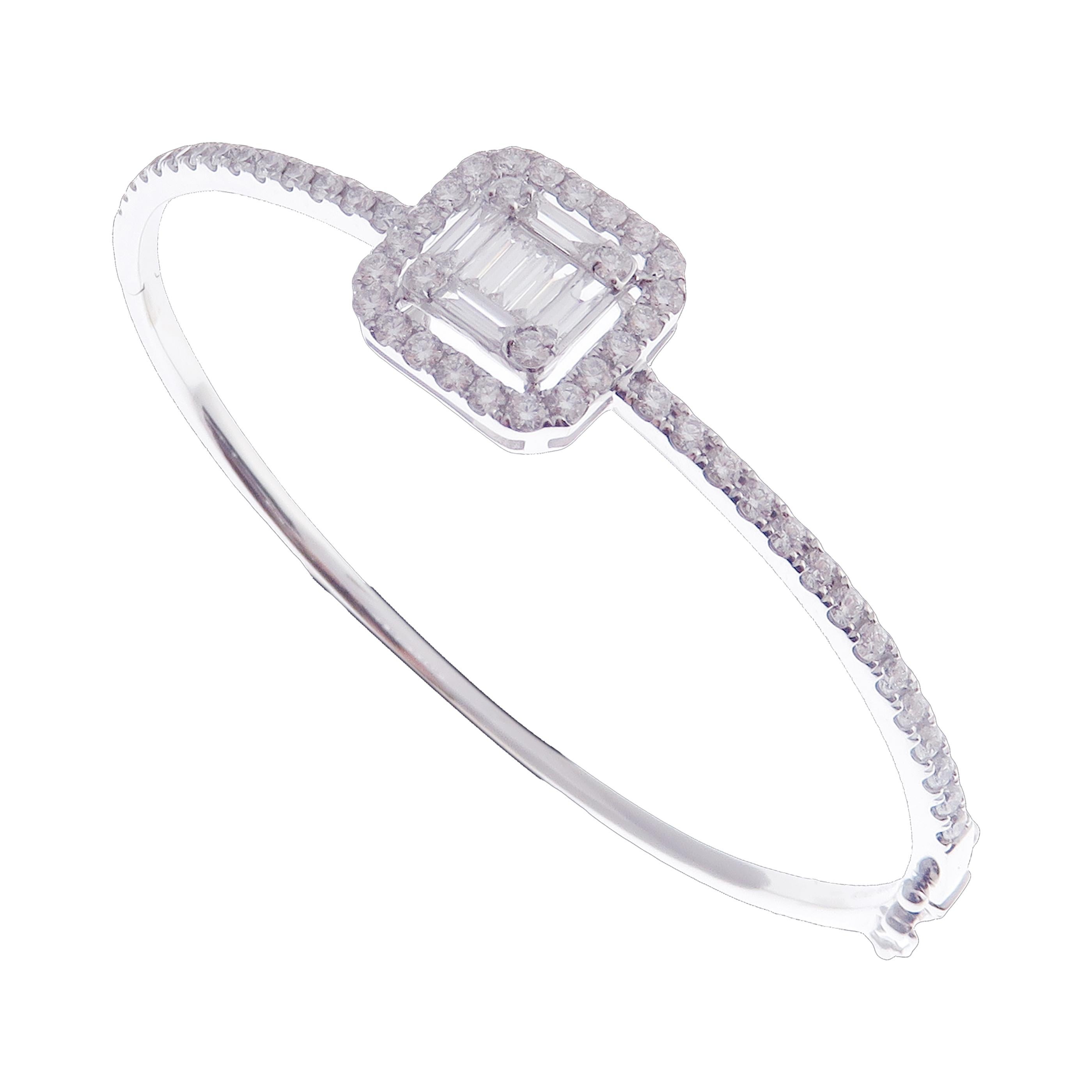 This delicate baguette square bangle is crafted in 18-karat white gold, weighing approximately 1.72 total carats of V-Quality white diamond. Side clasp closure. 

Fits wrists up to 6.25