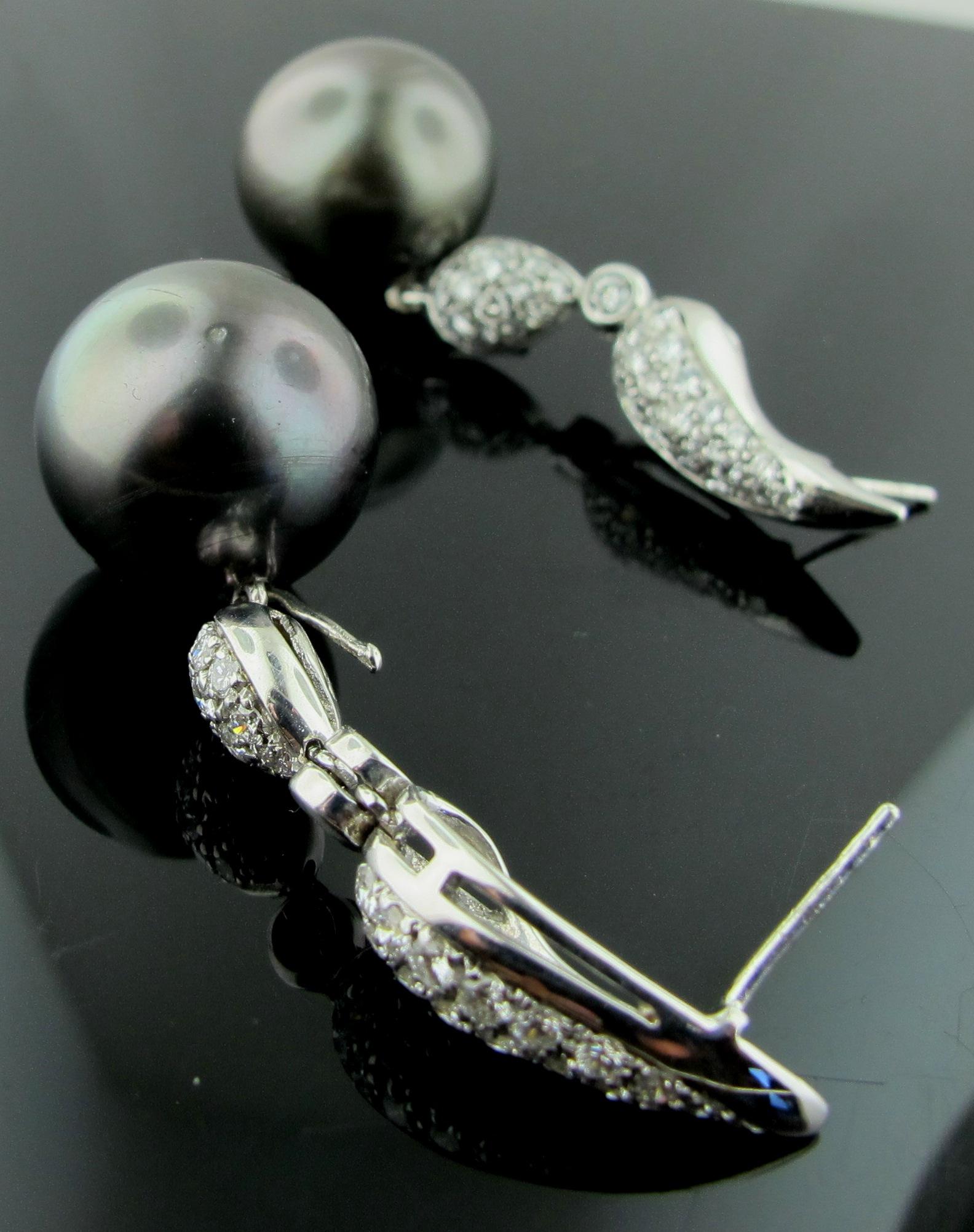 Women's or Men's 18 Karat White Gold Diamond Drop Earrings with Black Tahitian Pearls