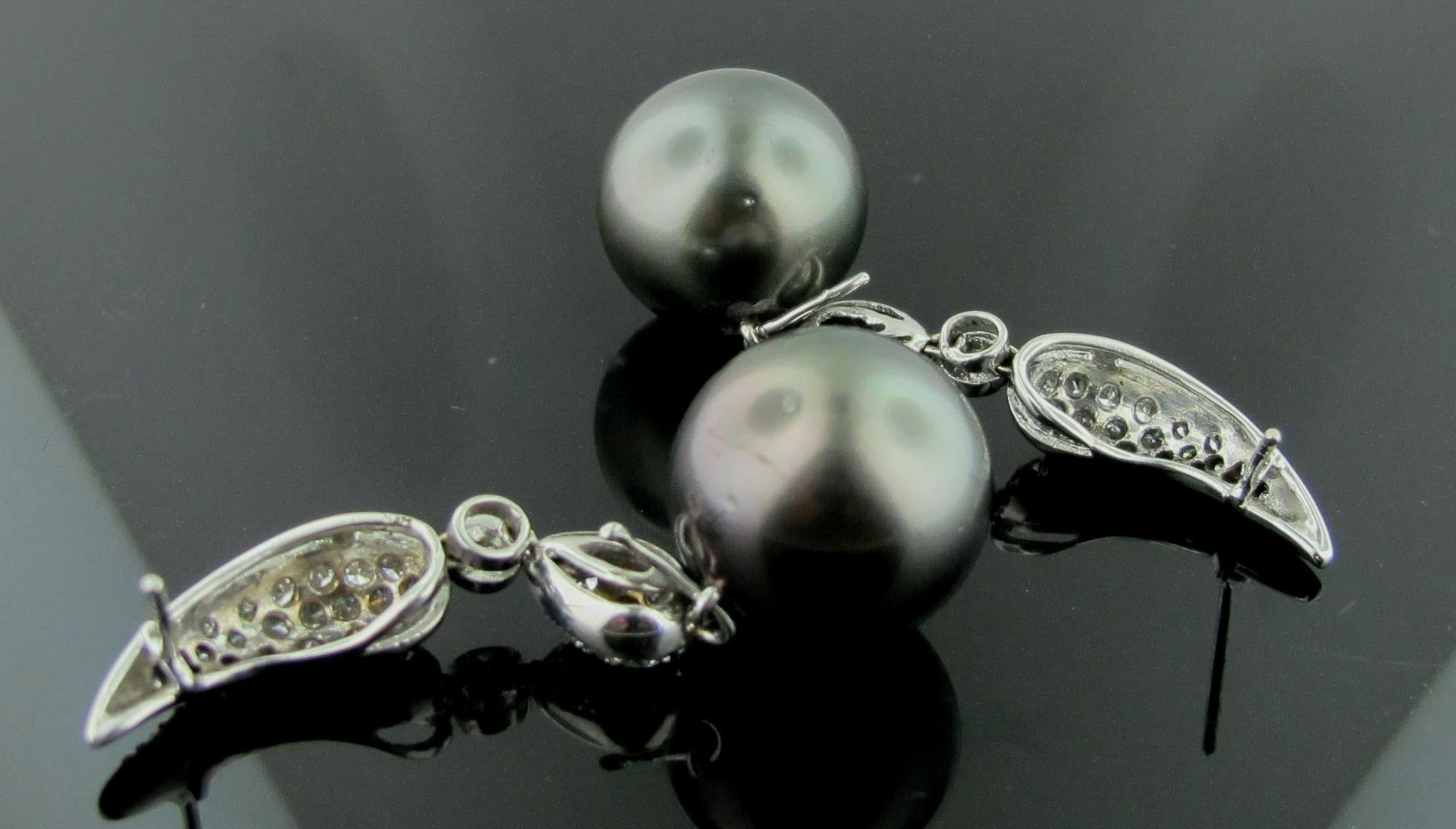 18 Karat White Gold Diamond Drop Earrings with Black Tahitian Pearls 1