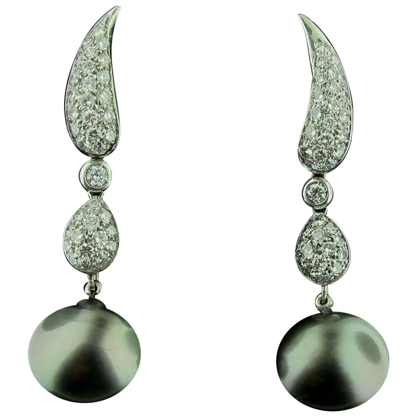 18 Karat White Gold Diamond Drop Earrings with Black Tahitian Pearls