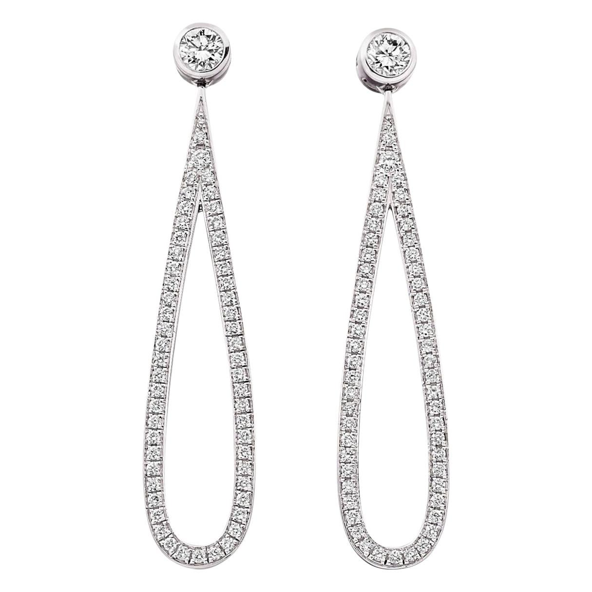 18 Karat White Gold Diamond Drop Loop Earrings For Sale