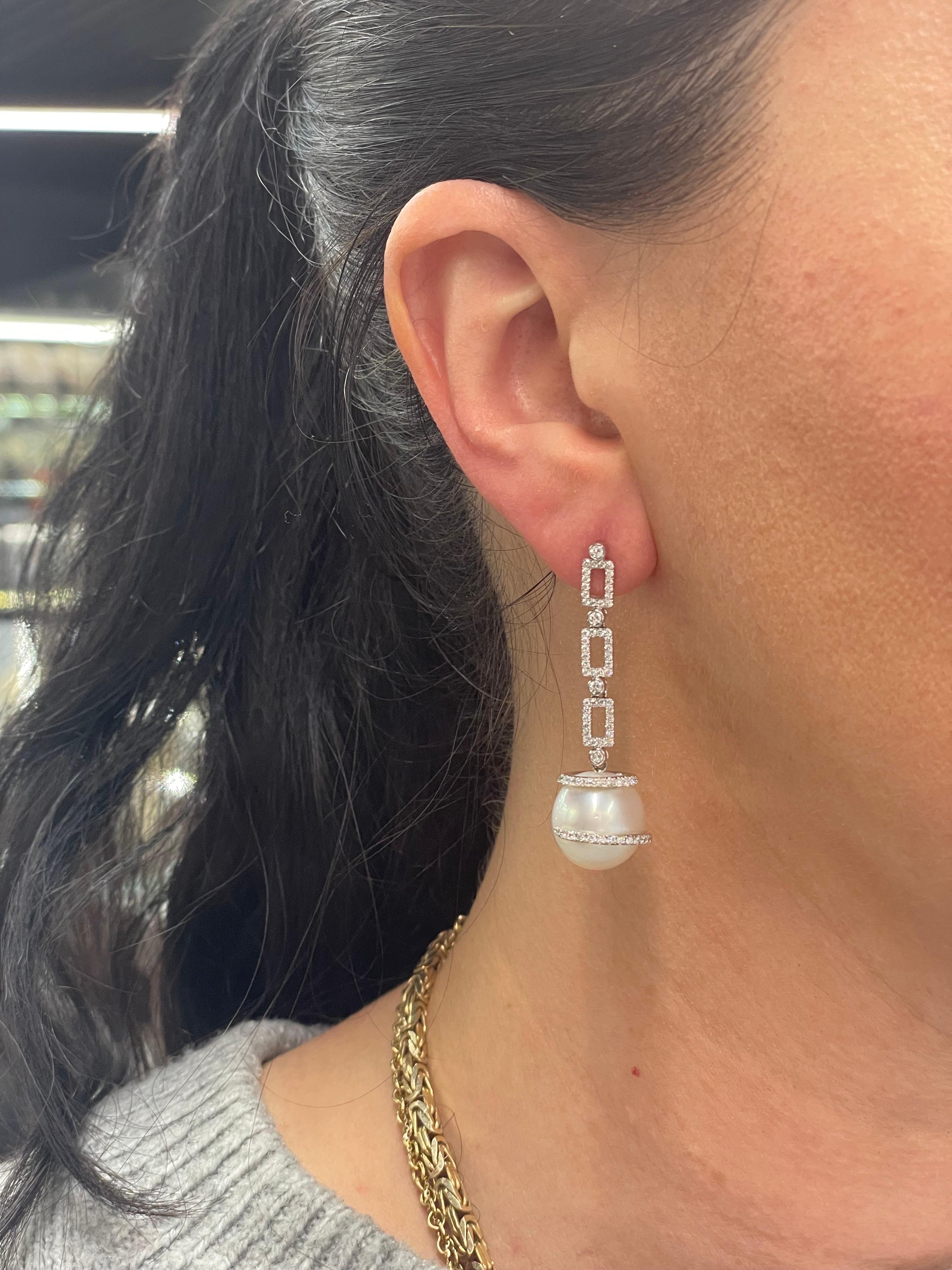 18 Karat White Gold Diamond Drop South Sea Pearl Earrings 1.14 Carats For Sale 4