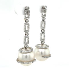 18 Karat White Gold Diamond Drop South Sea Pearl Earrings 1.14 Carats