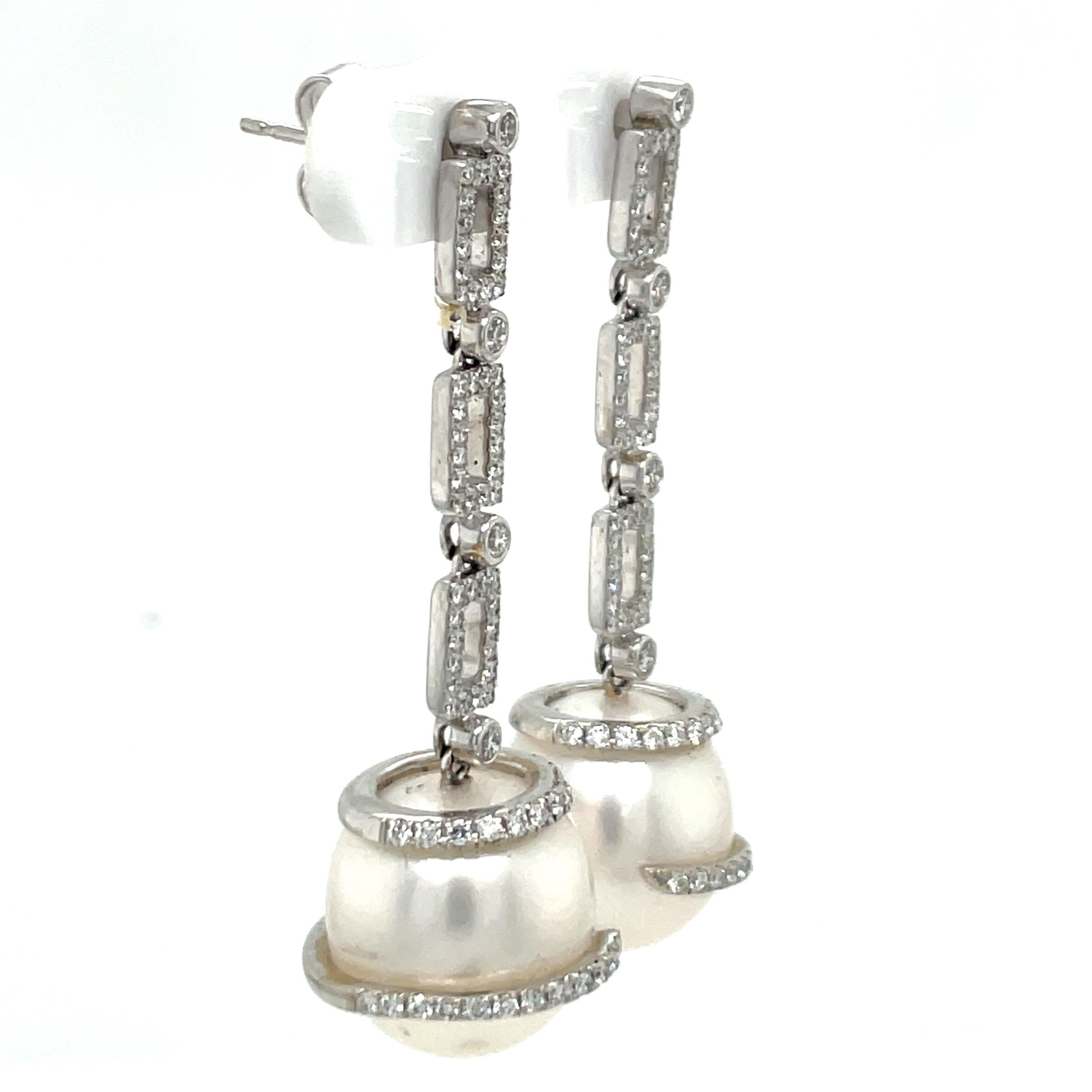 Contemporary 18 Karat White Gold Diamond Drop South Sea Pearl Earrings 1.14 Carats For Sale