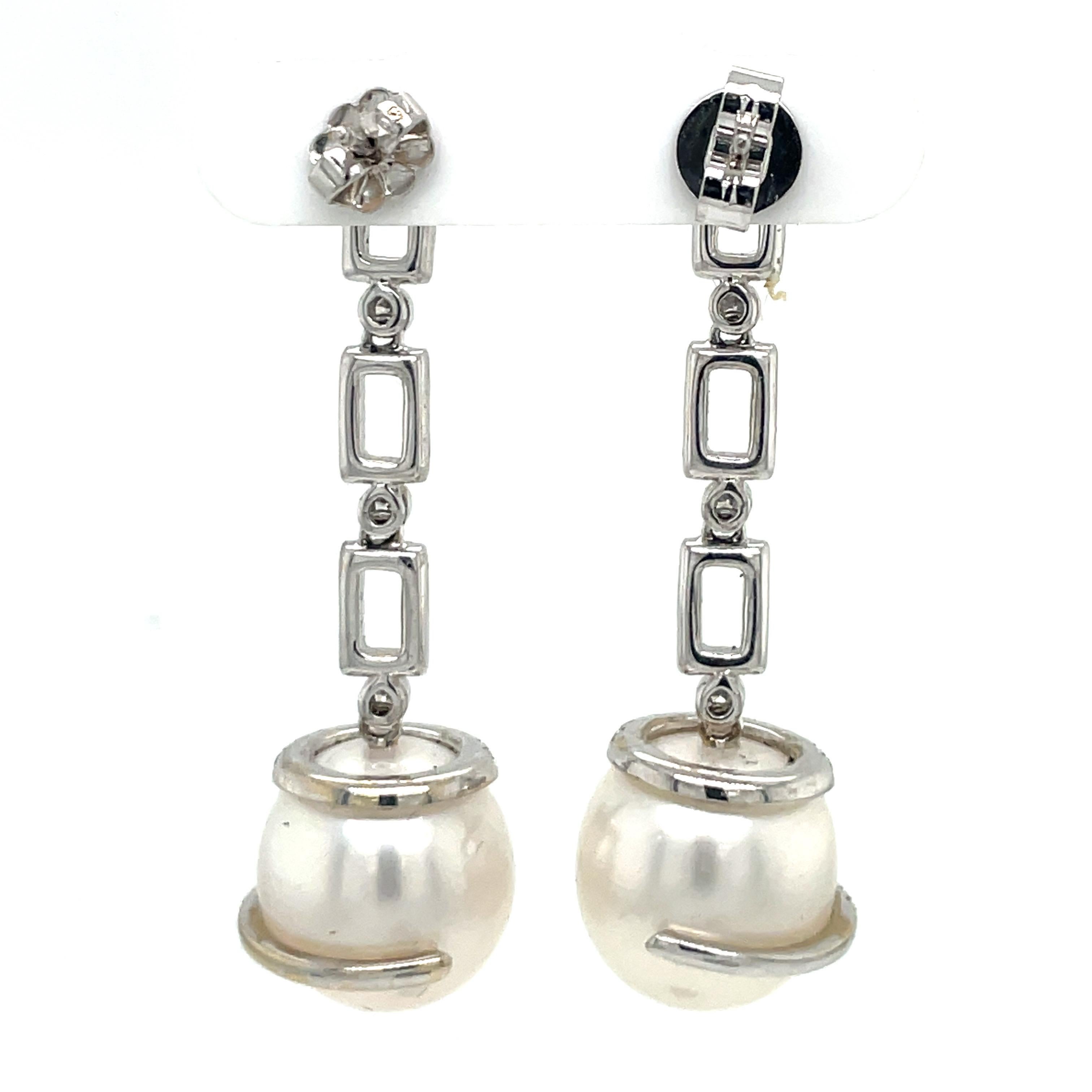 18 Karat White Gold Diamond Drop South Sea Pearl Earrings 1.14 Carats For Sale 1