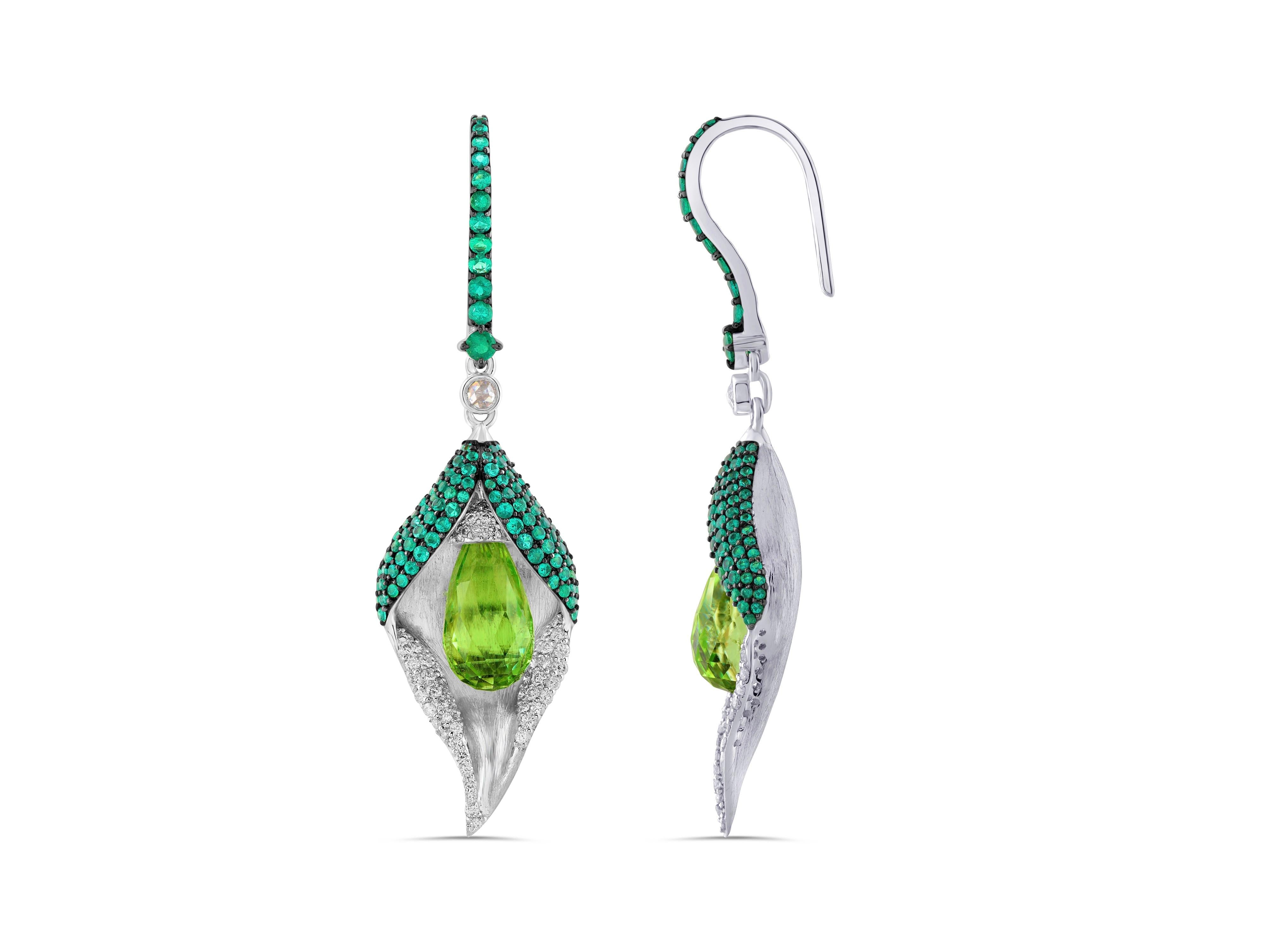 Contemporary 18 Karat White Gold Diamond Emerald and Peridot Earrings For Sale