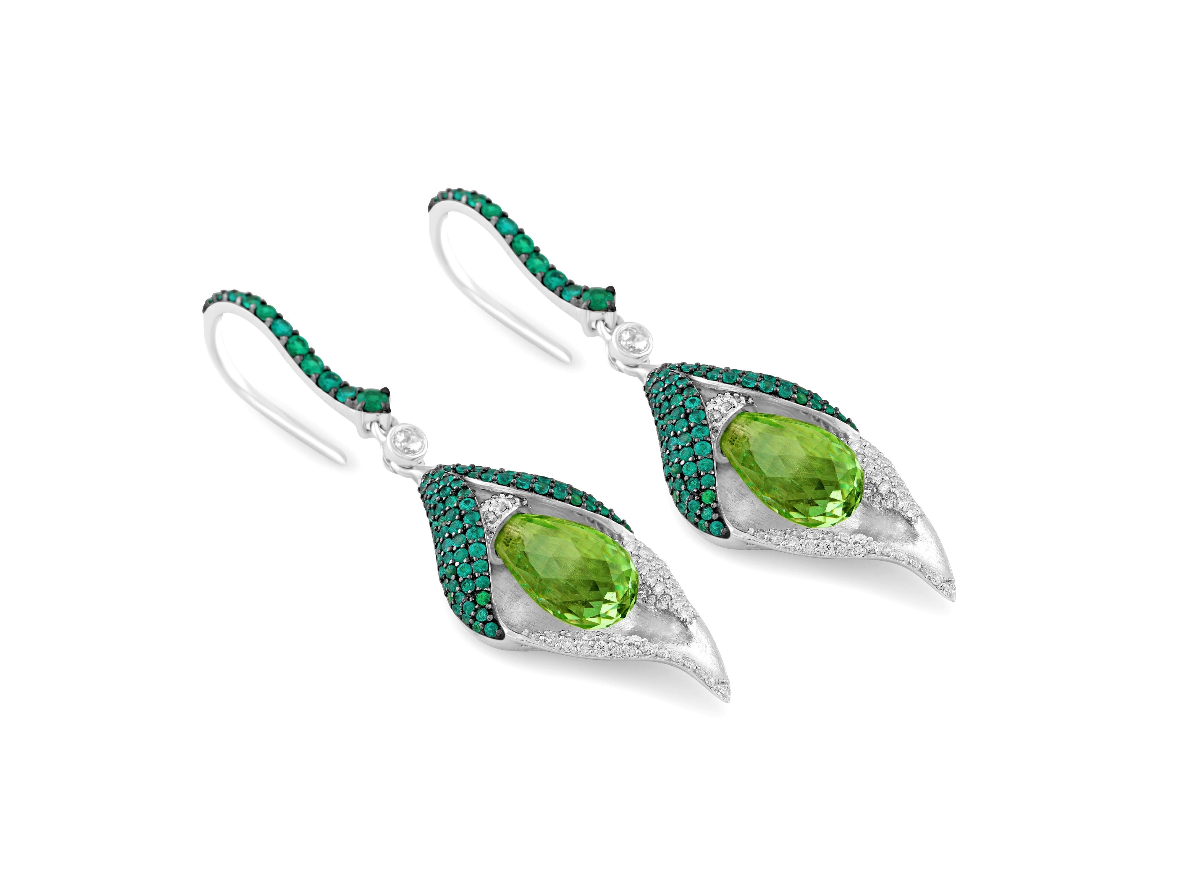 Round Cut 18 Karat White Gold Diamond Emerald and Peridot Earrings For Sale
