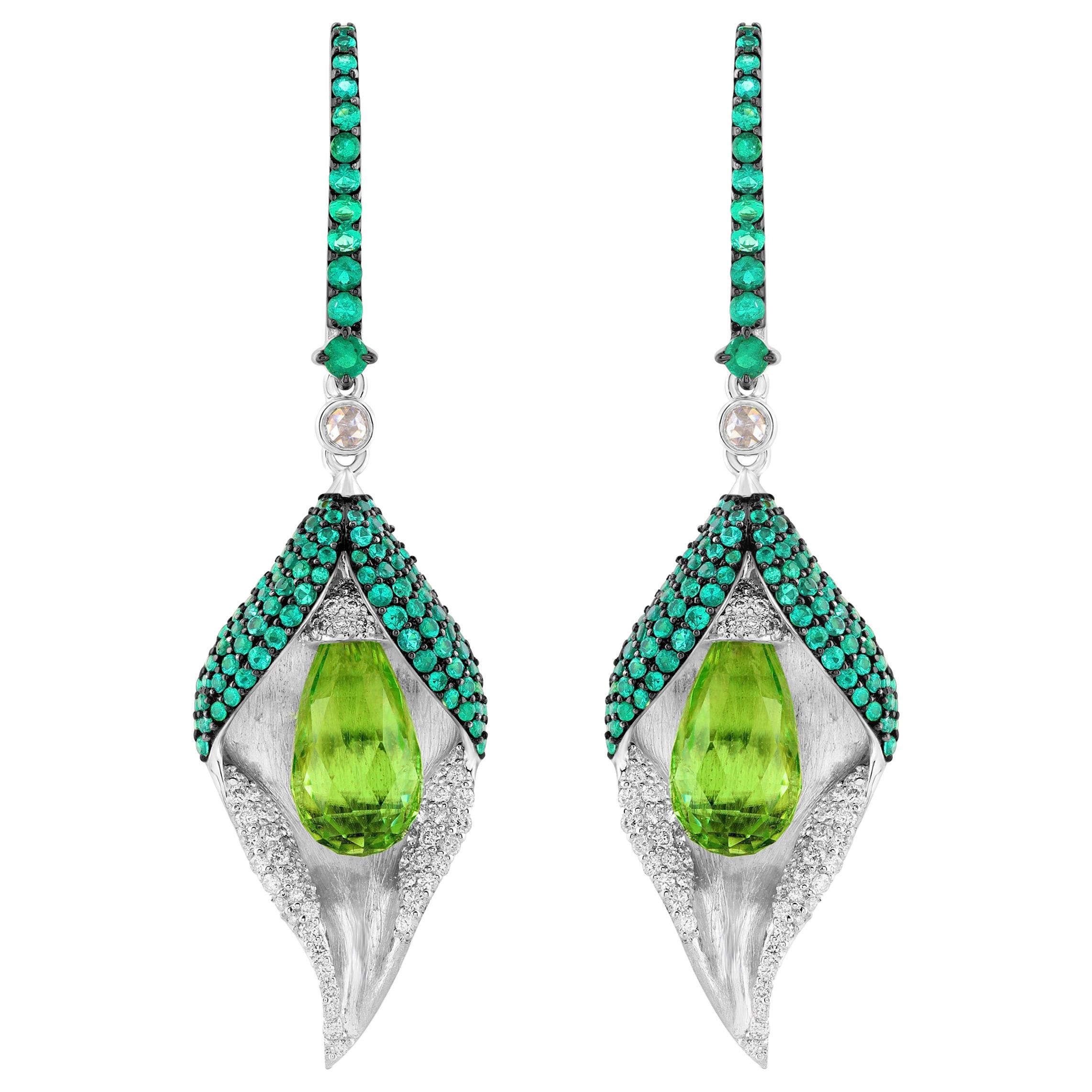 18 Karat White Gold Diamond Emerald and Peridot Earrings For Sale