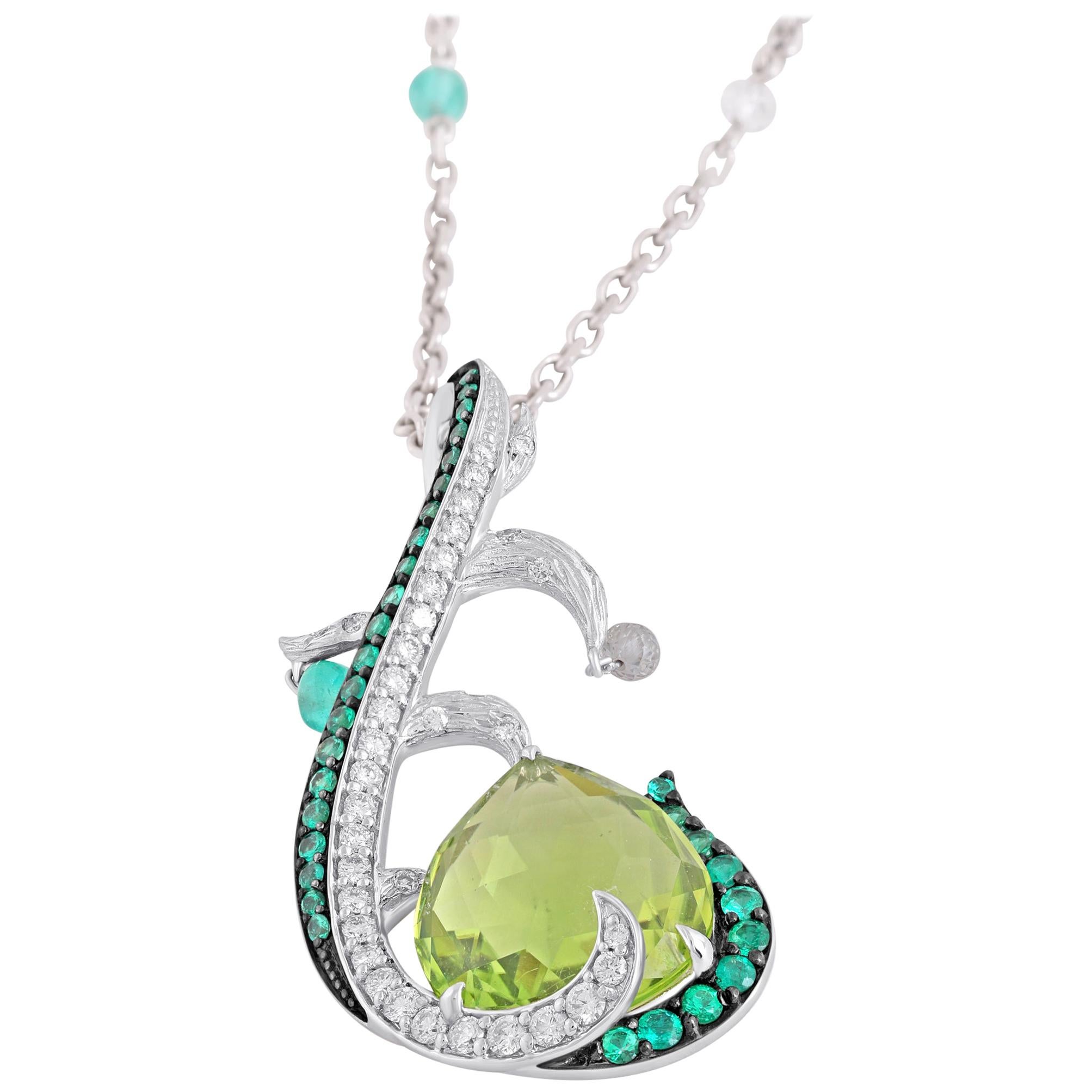 18 Karat White Gold Diamond Emerald and Peridot Pendant For Sale