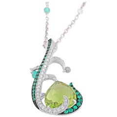 18 Karat White Gold Diamond Emerald and Peridot Pendant
