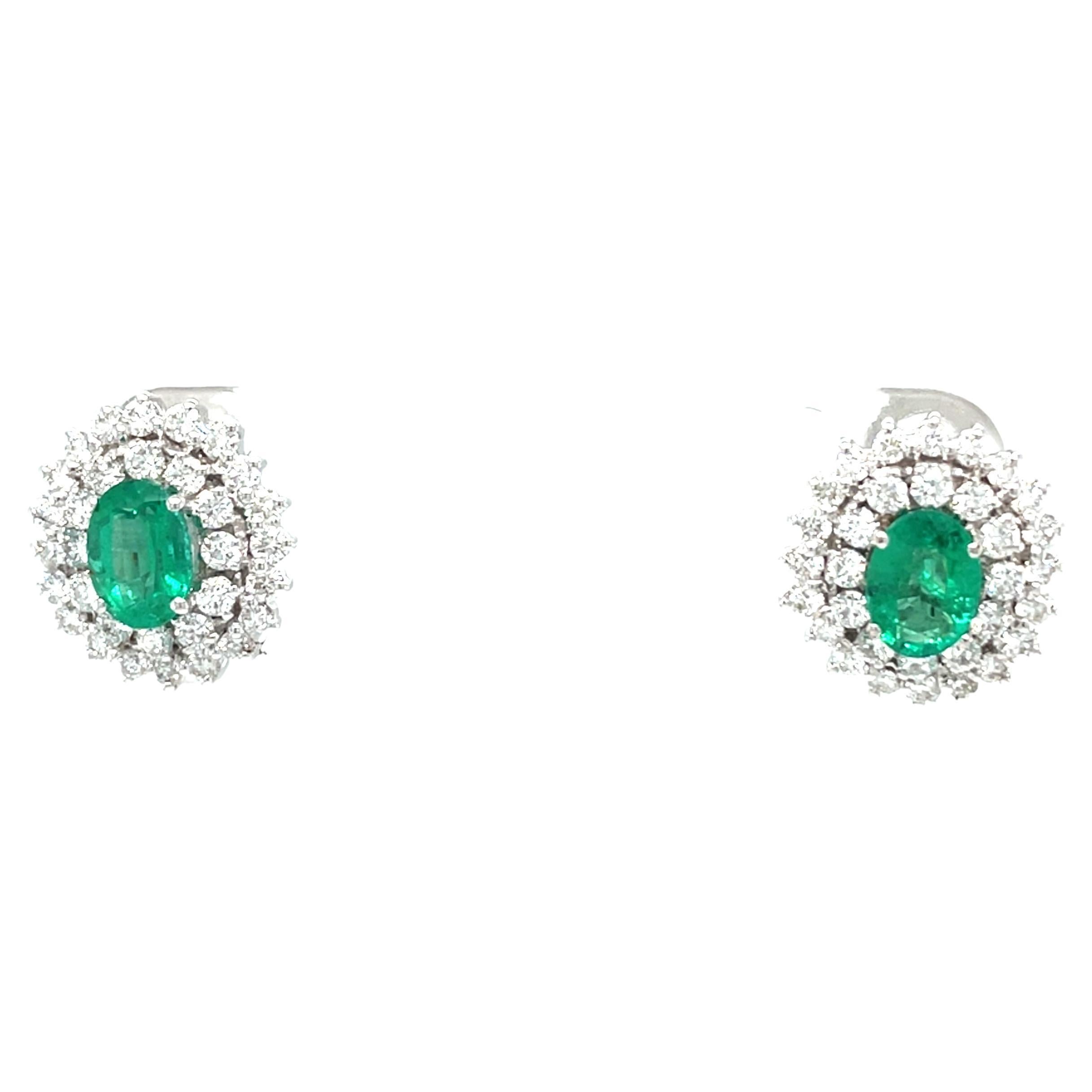 18 Karat White Gold Diamond Emerald Drop Earrings For Sale