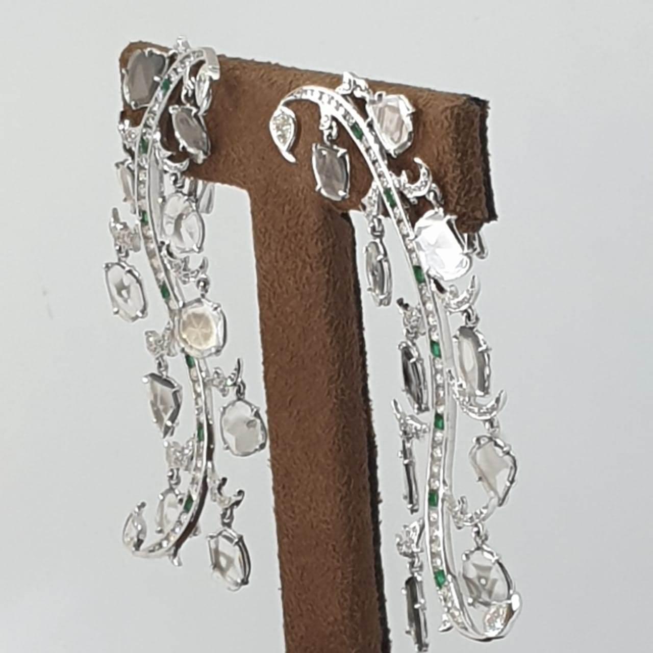 Brilliant Cut 18 Karat White Gold, Diamond and Emerald Earrings For Sale