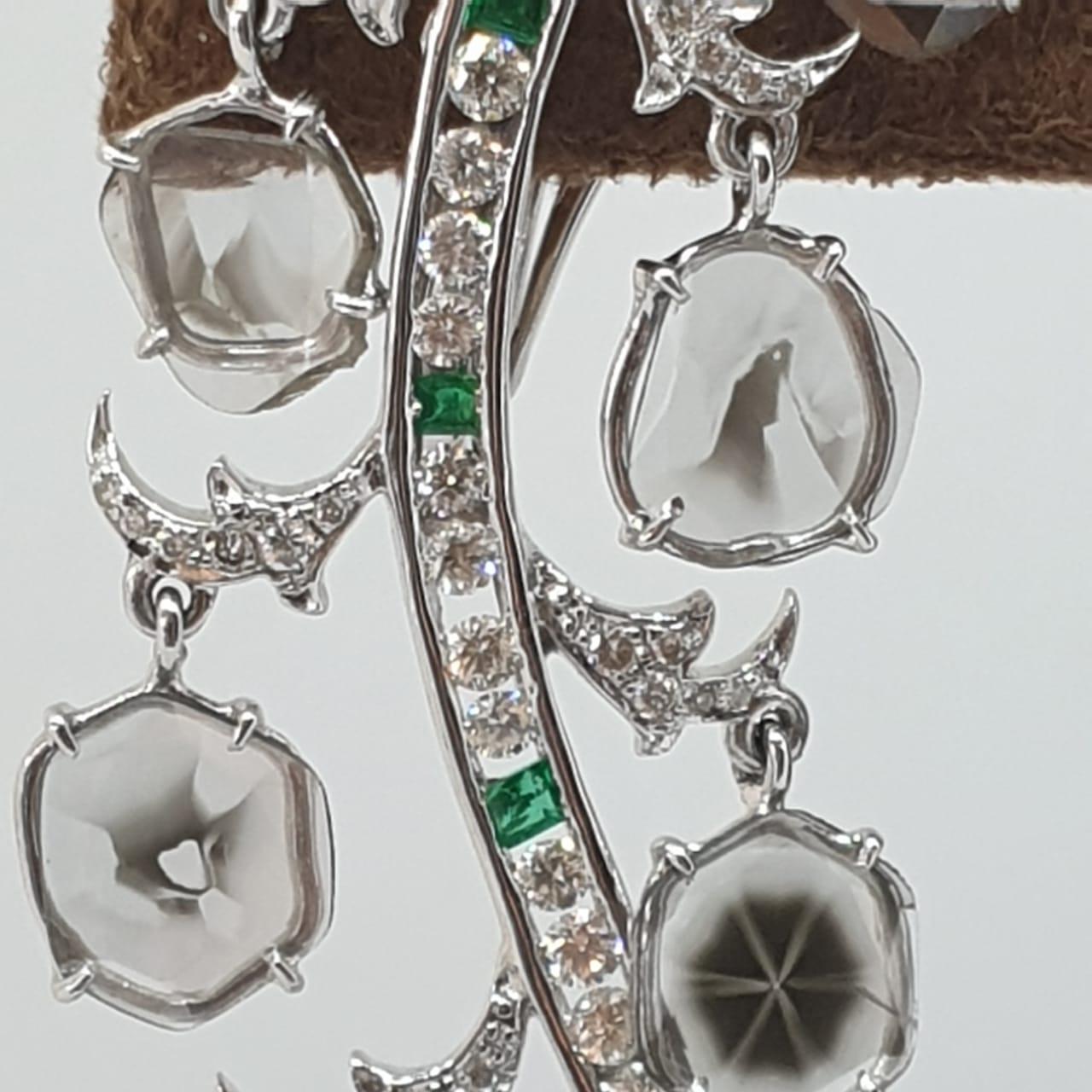 Women's 18 Karat White Gold, Diamond and Emerald Earrings For Sale
