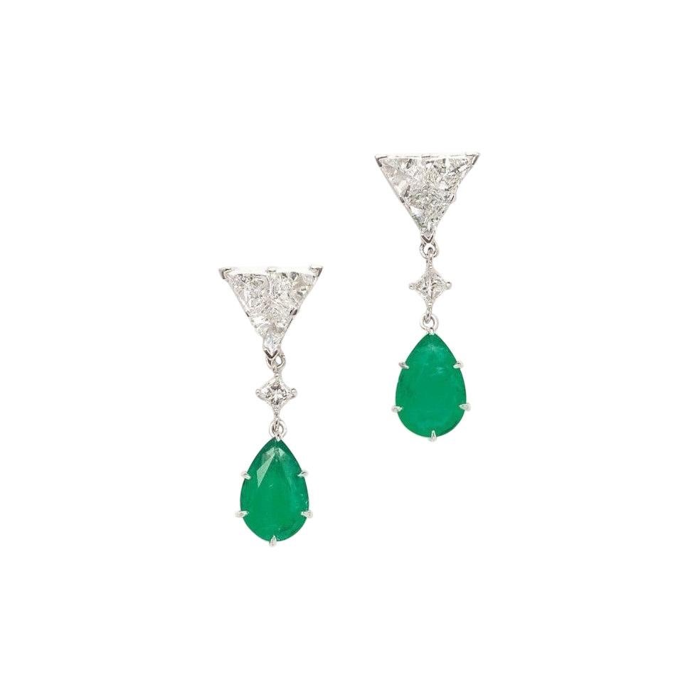 18 Karat White Gold Diamond & Emerald Earrings For Sale